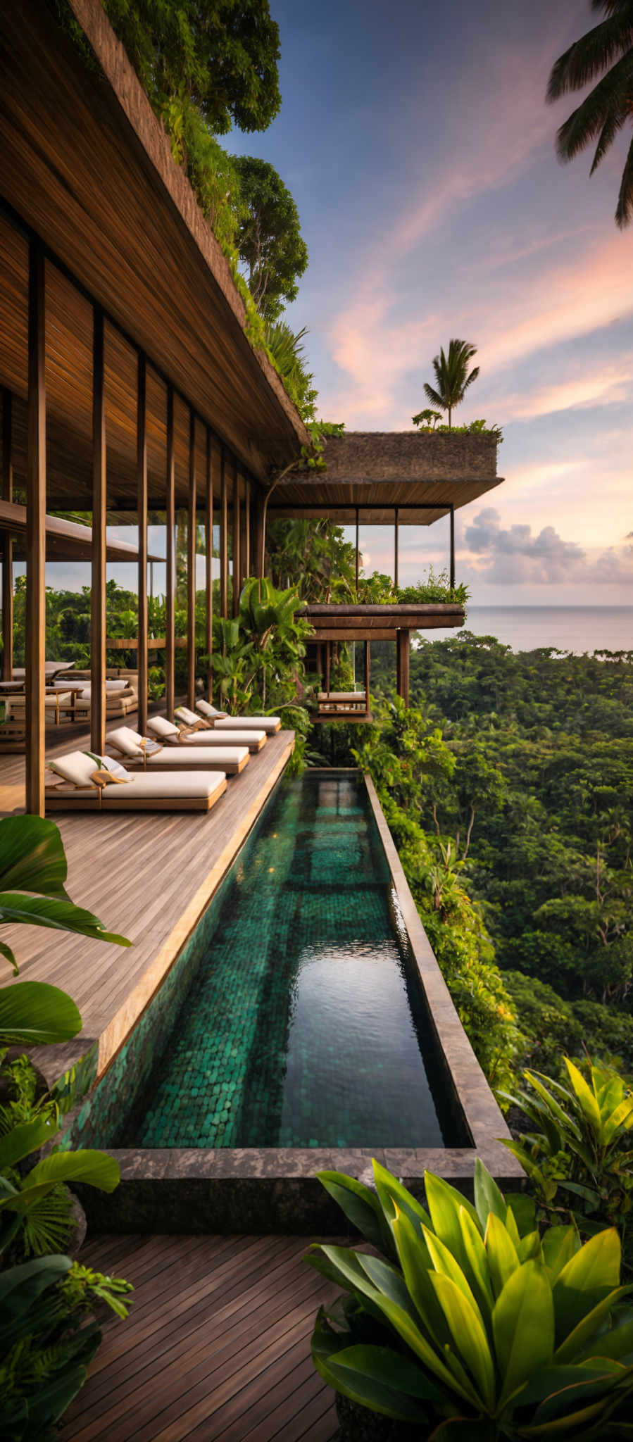 The image showcases a luxurious resort or villa situated amidst a lush tropical forest. The architecture is modern, with large glass windows and a wooden exterior. The pool is rectangular and has a mosaic pattern, reflecting the surrounding greenery. The deck area is adorned with comfortable lounge chairs and is bordered by a wooden pathway. The forest beyond is dense with various types of tropical plants, and the horizon reveals a serene view of the sea. The sky is painted with hues of pink and purple, suggesting either dawn or dusk.