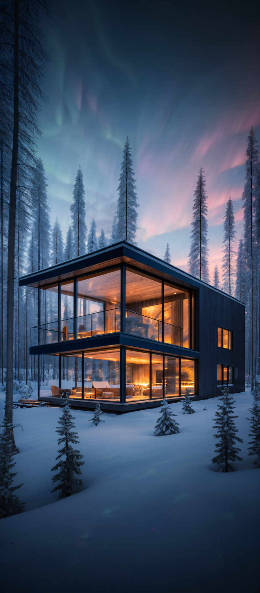 The image showcases a modern house set against a backdrop of a snowy forest during twilight. The house has a rectangular shape with large glass windows and a dark exterior. The interior is illuminated, revealing warm, cozy interiors. The forest surrounding the house is dense with tall pine trees, and the sky above displays hues of pink, purple, and blue, indicating either a sunrise or sunset. The snow-covered ground reflects the colors of the sky, creating a serene and picturesque scene.