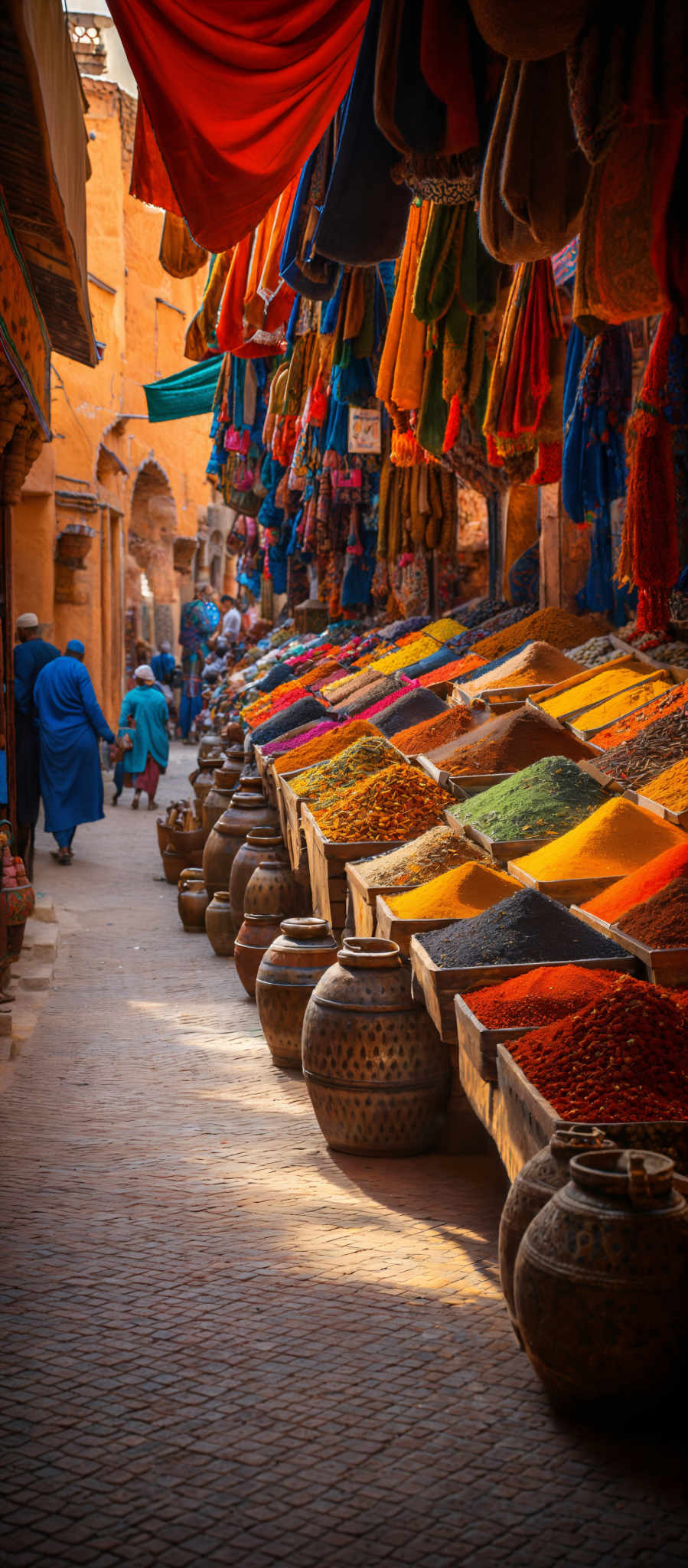 The image showcases a vibrant marketplace with a variety of colors. The predominant colors are red, blue, yellow, and green. The market has stalls lined with colorful fabrics and spices. The spices are displayed in large wooden trays, each filled with different colored grains and powders. The tray tables are placed on a cobblestone street, and there are large clay pots with intricate designs lining the path. The buildings in the background have a warm, earthy tone, and a few people can be seen walking through the market.