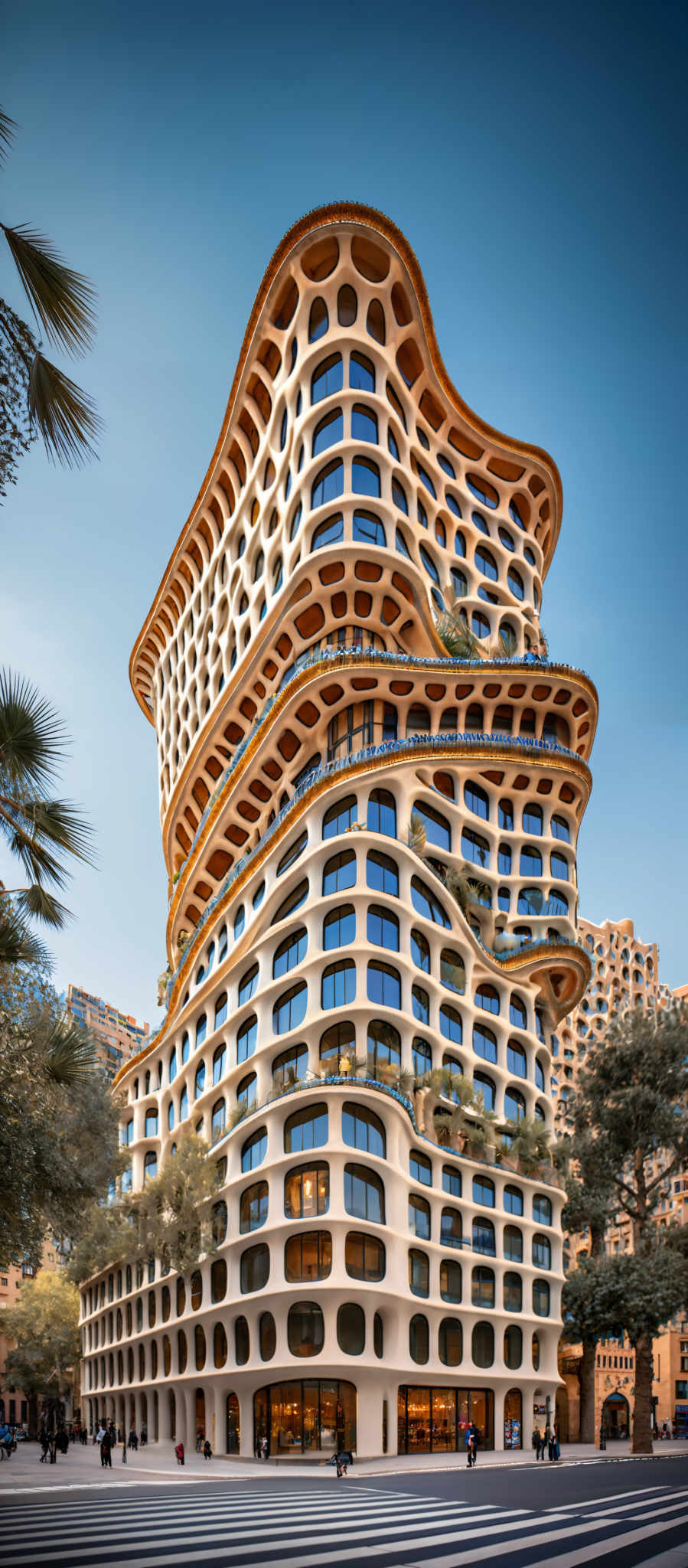 The image showcases a unique architectural structure with a combination of organic and geometric designs. The building has a wavy, undulating shape, reminiscent of a ripple in water. It is primarily white with gold or bronze accents, especially around the top. The facade is adorned with numerous circular windows, giving it a honeycomb appearance. The design also incorporates balconies with greenery, adding a touch of nature to the urban setting. The surrounding area features palm trees, pedestrians, and modern buildings, suggesting this is a cityscape.