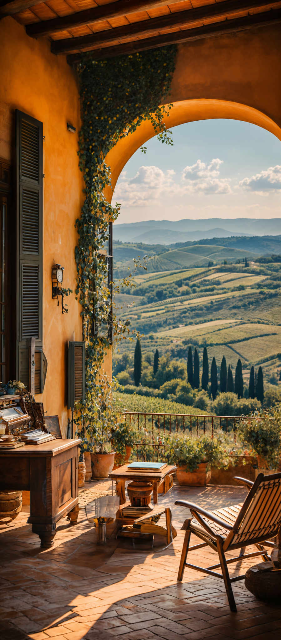 The image showcases a picturesque scene of a terrace overlooking a vast landscape. The terrace has a warm, earthy color palette with a dominant yellowish hue. A large archway frames the view, revealing rolling hills, vineyards, and a clear blue sky with scattered clouds. The walls of the terrace are adorned with climbing plants, adding a touch of greenery. On the terraces, there are wooden furnishings, including a table and a chair, with some books and a pitcher. The flooring is made of terracotta tiles, and the overall ambiance exudes tranquility and beauty.