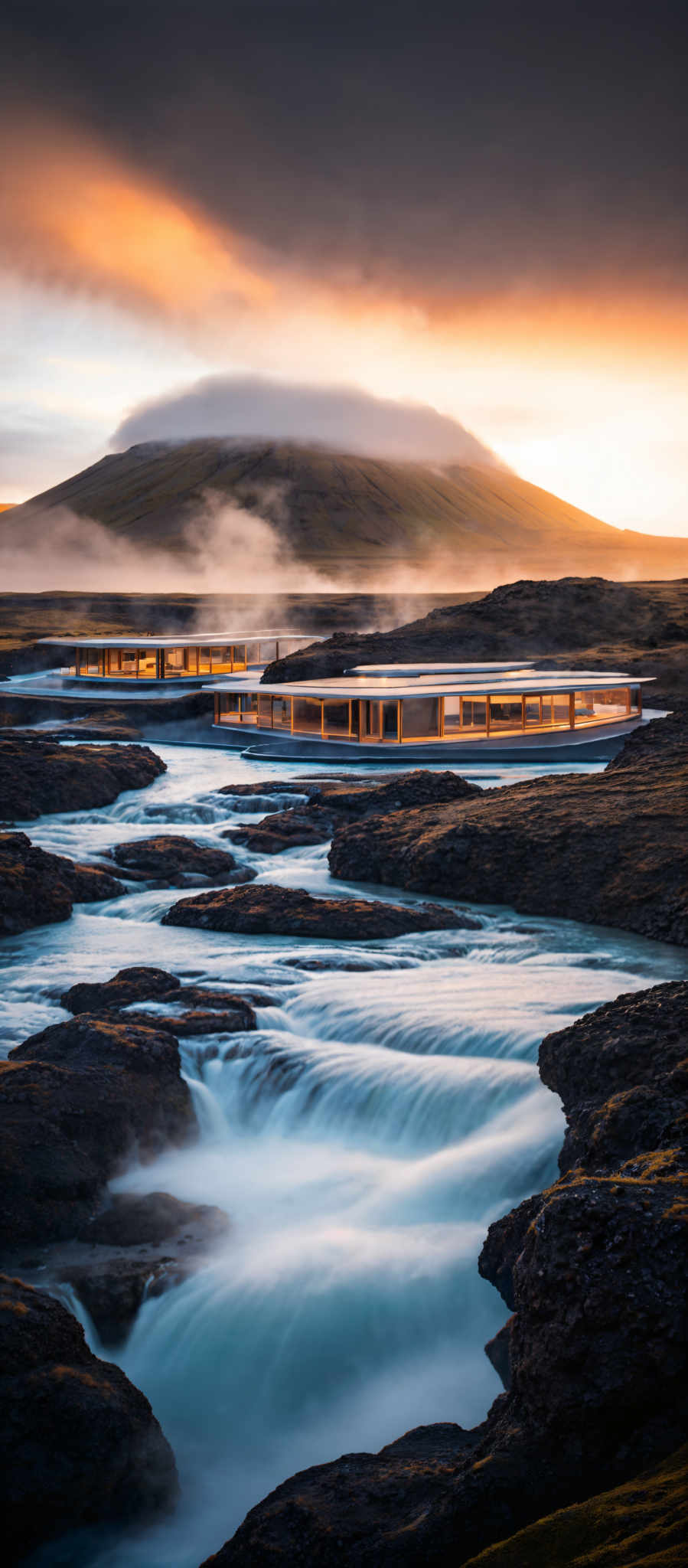 The image showcases a breathtaking landscape during what appears to be either sunrise or sunset. Dominating the scene is a large, rounded mountain with its peak covered in mist. The sky is painted with hues of orange, yellow, and gray, with the sun casting a golden glow on the mountain's side. In the foreground, there's a cascading river with water flowing over rugged rocks, creating a silky effect due to a long exposure shot. Adjacent to the river, there are modern-looking structures with large glass windows, possibly a hotel or resort, with warm lights emanating from within. The entire scene is bathed in a serene and ethereal light.