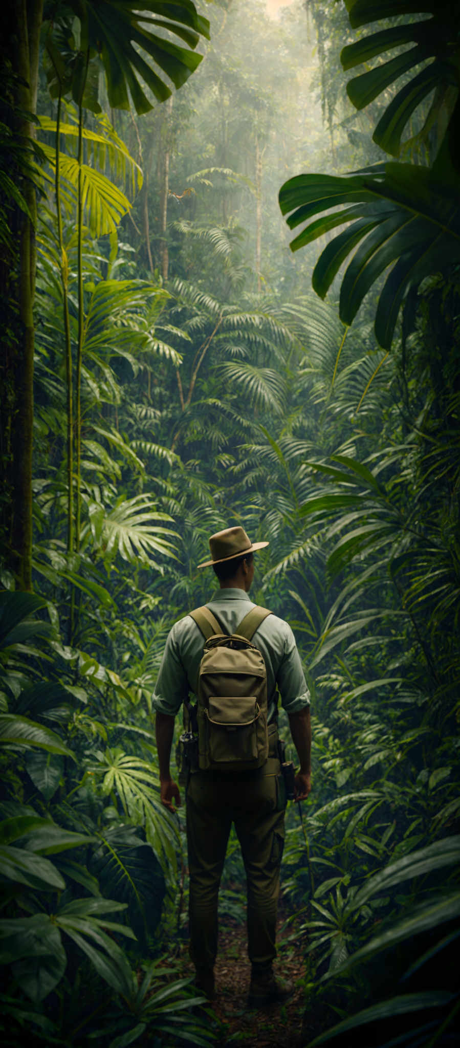 The image showcases a lush, verdant jungle with a myriad of green hues ranging from deep greens to light yellows. The dominant shapes are those of large, broad-leafed plants, with their expansive fronds dominating the scene. The central figure in the image is a person, seen from behind, wearing a hat and a backpack. The individual appears to be an explorer or adventurer, standing amidst the dense foliage, looking into the distance.