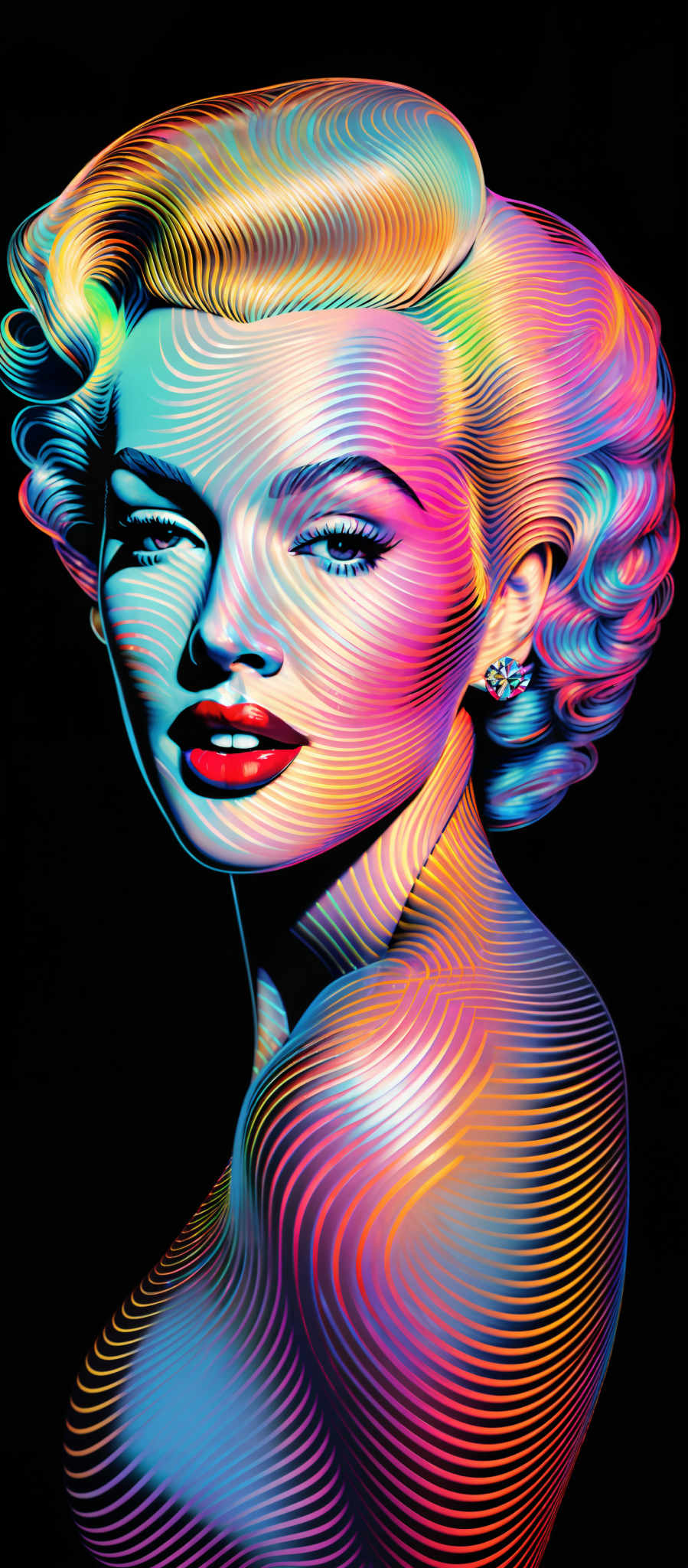 The image showcases a vibrant and colorful portrait of a woman. The woman's face and upper body are adorned with swirling patterns of multiple colors, including shades of blue, pink, yellow, and green. The swirls create an almost hypnotic effect, giving the image a dynamic and modern feel. The colors are vivid and contrast sharply against a black background, making the subject pop. The portrait captures the woman' s face in a side profile, emphasizing her features such as her eyes, lips, and earrings.