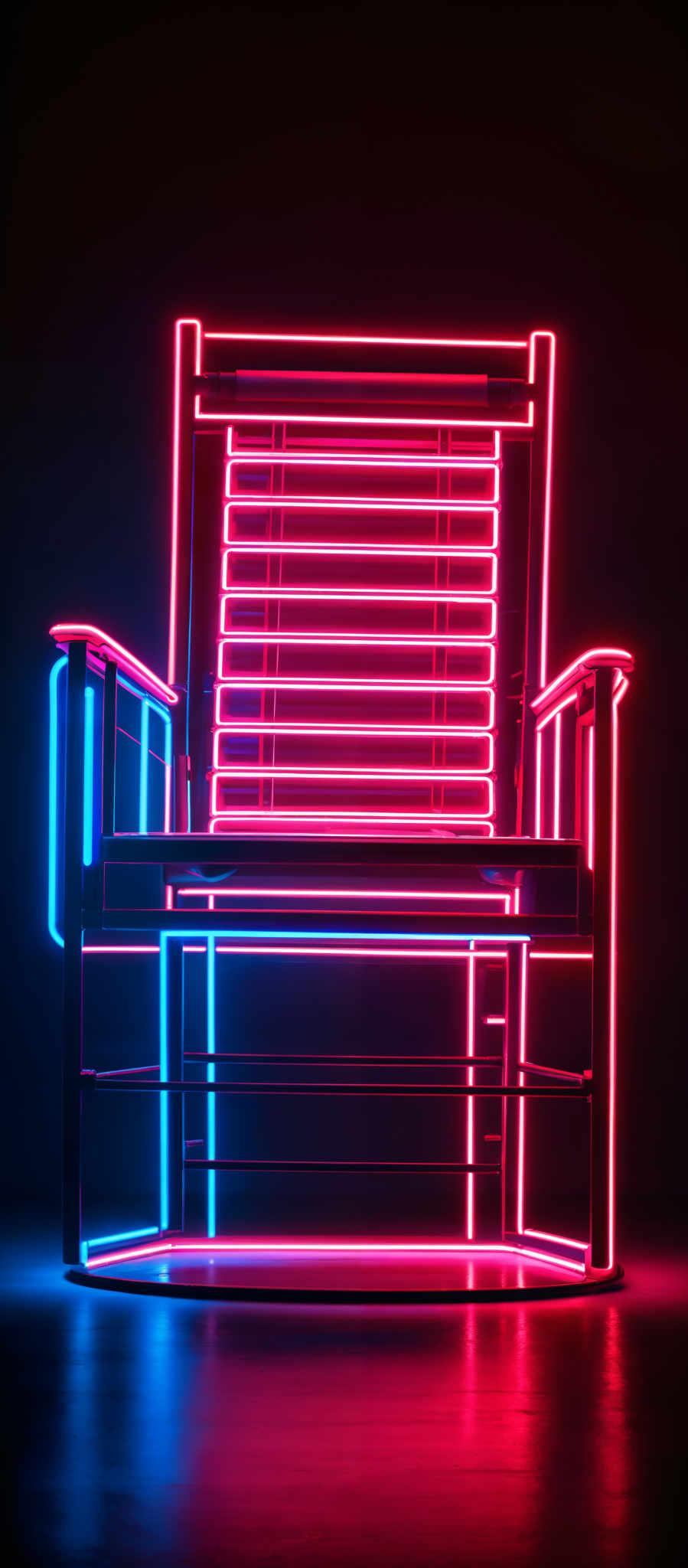 The image showcases a neon-lit structure that resembles a chair. The chair is outlined with vibrant neon lights in shades of pink, blue, and red. The lights create a luminous outline, emphasizing the chair's design elements such as the backrest, armrests, and legs. The background is dark, which accentuates the glow of the neon lighting, giving the chair a modern and vibrantly illuminated appearance.