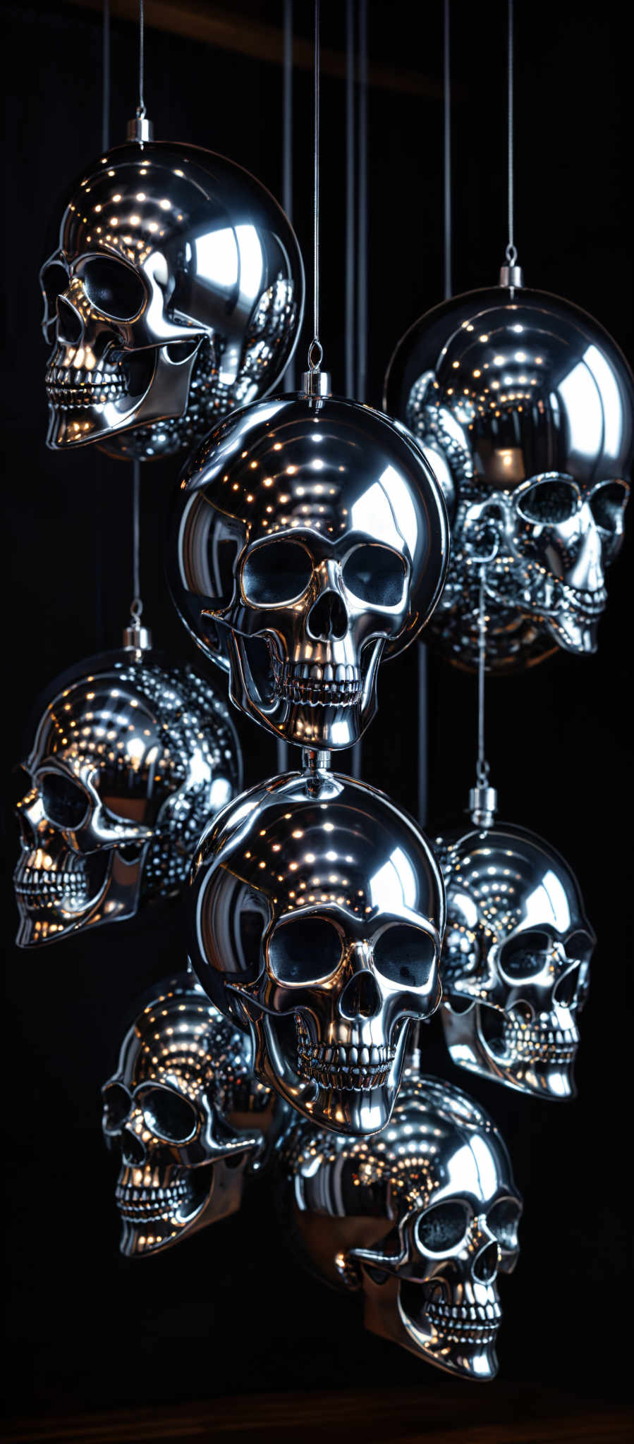 The image showcases multiple metallic, reflective skulls hanging from the top. They are shaped like human skull heads, with intricate details such as teeth, eye sockets, and facial features. The skull shapes are reflective, capturing light and displaying a myriad of colors, primarily shades of silver and gold, with some areas showing darker shadows. The background is dark, which accentuates the shine and reflective properties of the skull ornaments.