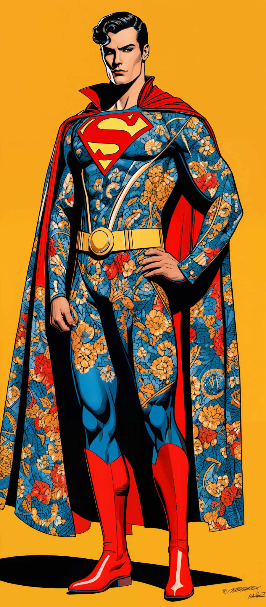 The image showcases a character dressed in a vibrant and intricate costume. The dominant colors are blue, red, and gold. The character's costume is adorned with floral patterns, predominantly featuring flowers in shades of red, blue, and yellow. The 'S' emblem on the chest is red with a yellow outline. The cape is long and flowing, pre dominantly blue with red and gold accents. The boots are red, matching the character'S belt and the inside of the cape. The overall design is both traditional and modern, blending elements of traditional clothing with superhero aesthetics.