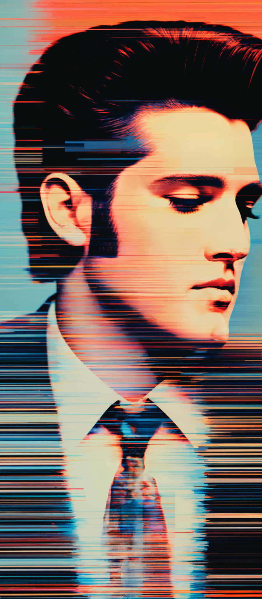 The image showcases a side profile of a man with a distinctive hairstyle. The predominant colors are shades of blue, orange, and red, creating a vibrant and contrasting visual effect. The man's hair is styled upwards, giving it a voluminous appearance. The image also contains horizontal stripes of varying colors, which add a sense of motion or perhaps a digital distortion effect.