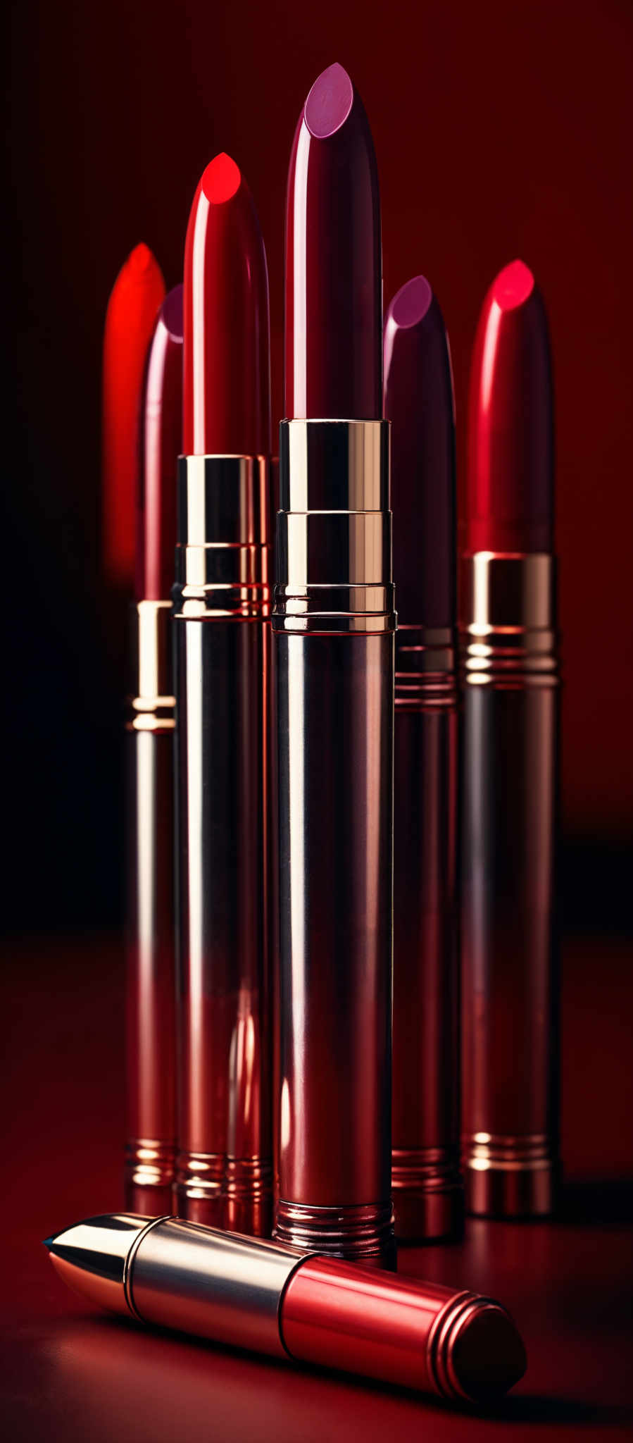 The image showcases a collection of lipsticks in various shades of red and pink. They are displayed upright, with some lying horizontally. The lipstick tubes have a sleek, metallic finish in shades like gold, silver, and rose gold. The caps of the lipstics are shiny and reflective. The background is deep red, which complements the colors of the products and adds to the overall luxurious feel of the image, emphasizing the glossiness and richness of the lipshadows.