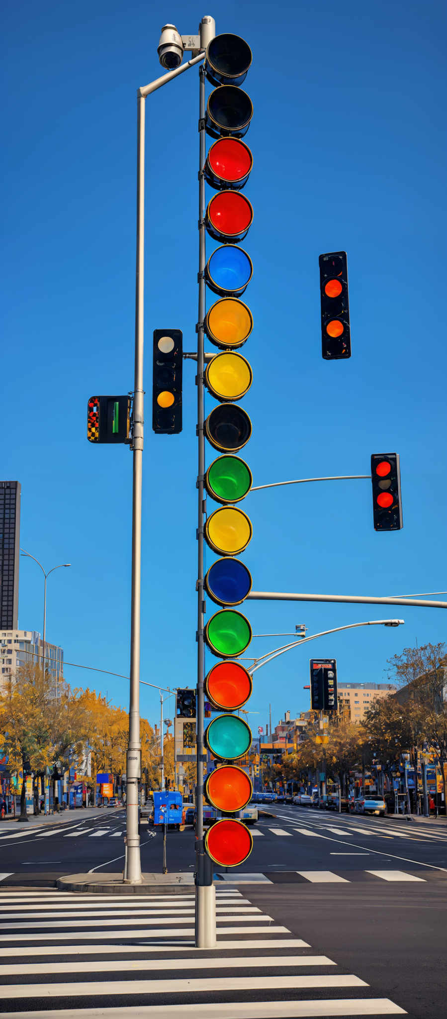 The image showcases a tall pole with multiple traffic lights. Each light has a circular shape, and they are arranged in a vertical manner. The colors of the lights, from top to bottom, are: red, yellow, green, blue, and orange. There are also some smaller traffic signals and a camera mounted on the pole. The background reveals a city street with a clear blue sky, some buildings, and a few vehicles.