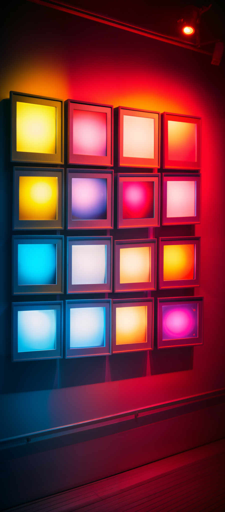 The image showcases a series of rectangular frames mounted on a wall. Each frame contains a gradient of colors ranging from warm hues like yellows and oranges to cooler hues such as blues and purples. The colors transition smoothly from one frame to the next, creating a visually captivating and harmonious display.