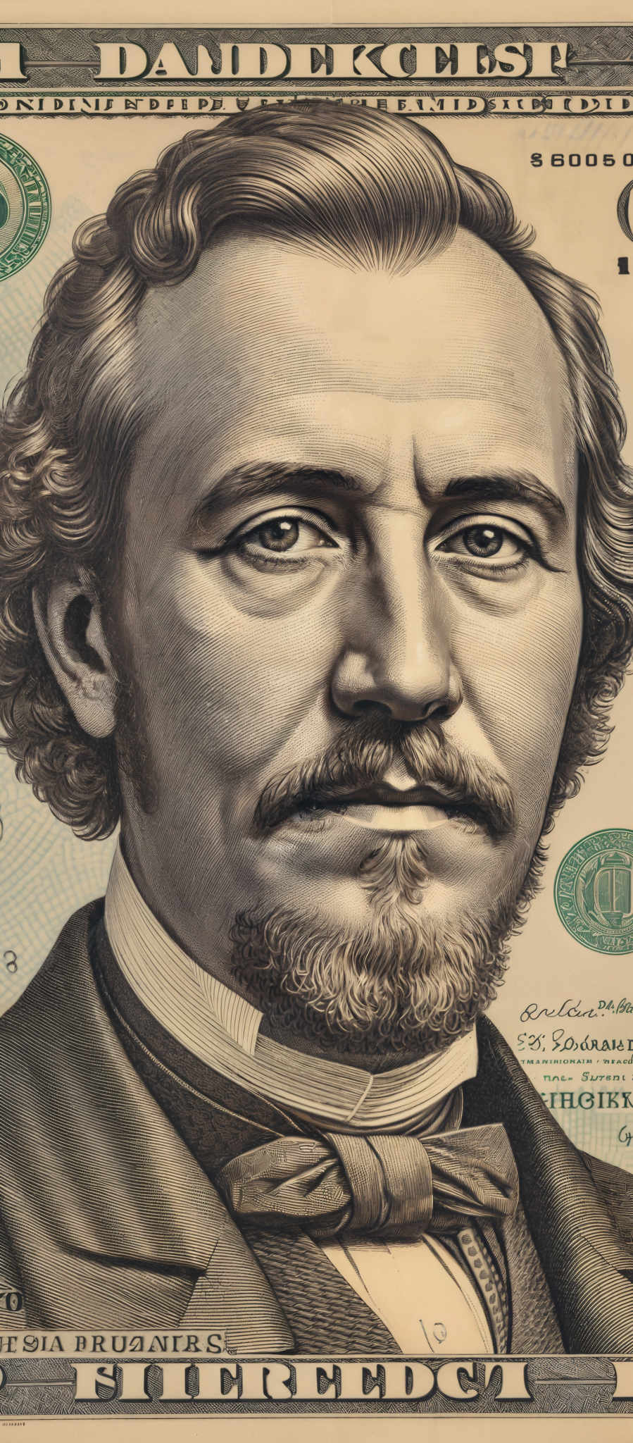 The image showcases a detailed depiction of a currency note, possibly a dollar bill. The dominant color is a beige or light brown, characteristic of paper money. The central figure is a portrait of a man with wavy hair, a beard, and mustache. He is dressed in a suit with a bowtie. The background contains various textual elements, including serial numbers, signatures, and inscriptions. There are also watermarks and other design elements present, such as the number '5000' and a series of numbers and letters.