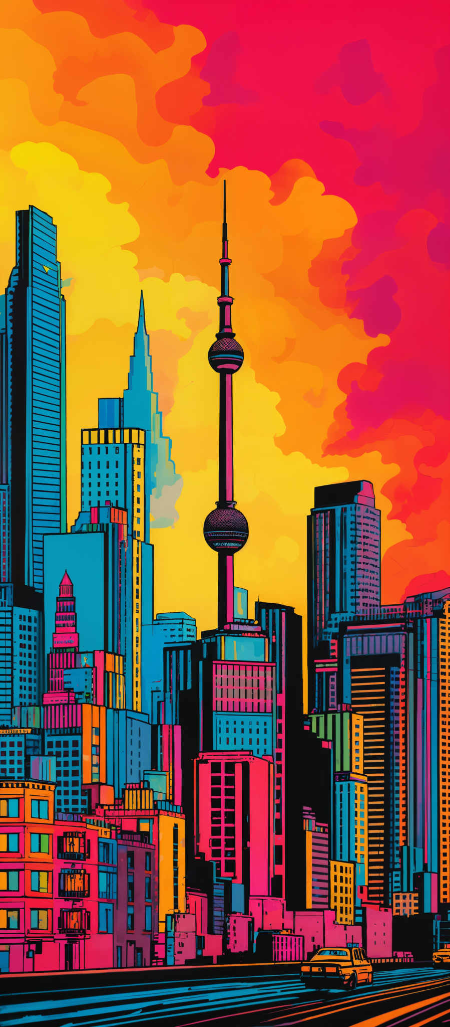 The image showcases a vibrant cityscape during sunset. The sky is painted in hues of orange, yellow, and pink, with cloud formations that add depth and dimension. Dominating the skyline are tall skyscrapers of varying designs and colors, including shades of blue, pinkish-red, and turquoise. A prominent tower, resembling the CN Tower, stands out in the center. The buildings are detailed with windows, balconies, and architectural features. In the foreground, there's a road with two yellow cars moving, and a few buildings with distinct architectural styles. The overall art style appears to be a blend of modern and retro, with bold outlines and vivid colors.