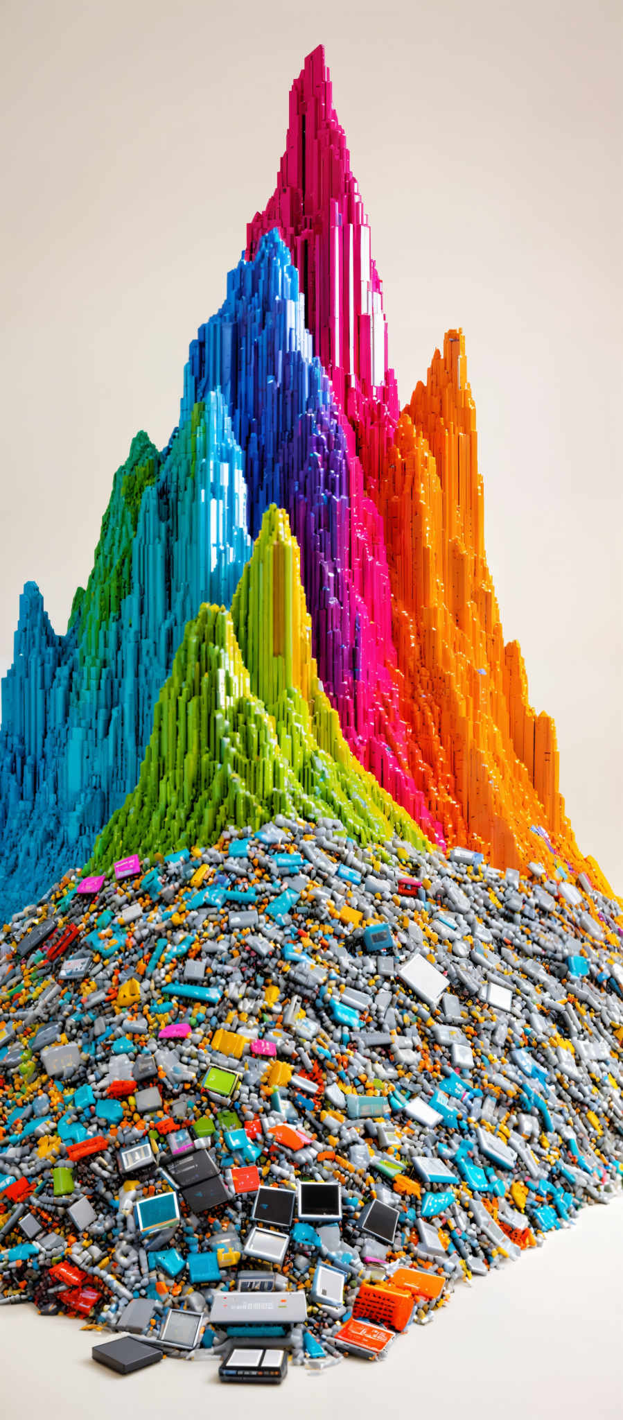 The image showcases a vibrant and colorful mountainous structure made up of various shaped blocks. The colors range from light blue, green, pink, orange, to red. At the base of this structure, there is a large pile of these blocks, with some of them appearing to be broken or fragmented. The overall composition gives a sense of a colorful, abstract landscape.