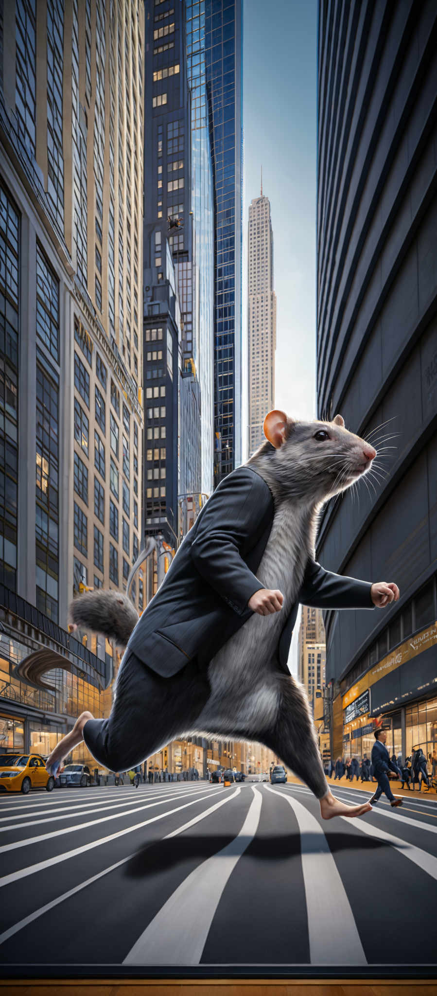 The image showcases a bustling urban setting with tall skyscrapers. The dominant colors are shades of blue, gray, and beige. The skyscraper in the background has a unique spire, reminiscent of the Empire State Building. The streets are lined with yellow taxis and pedestrians can be seen walking on the sidewalks. The most striking element is a large rat, dressed in a business suit, running across the street. The rat appears to be in a hurry, and its detailed fur and tail are clearly visible.