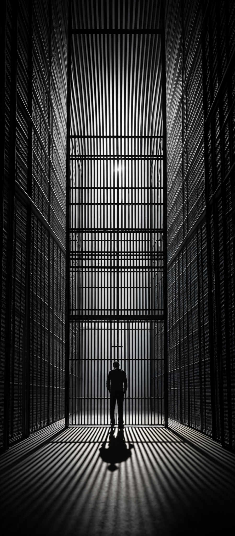 The image predominantly features monochromatic shades of black, white, and gray. The central focus is a silhouette of a person standing in front of a large, vertical structure made of interconnected bars. The bars create a mesmerizing pattern of light and shadow, with the light emanating from the top and casting intricate patterns on the ground. The person's silhouetted form contrasts sharply with the luminous background, emphasizing the depth and dimension of the scene.