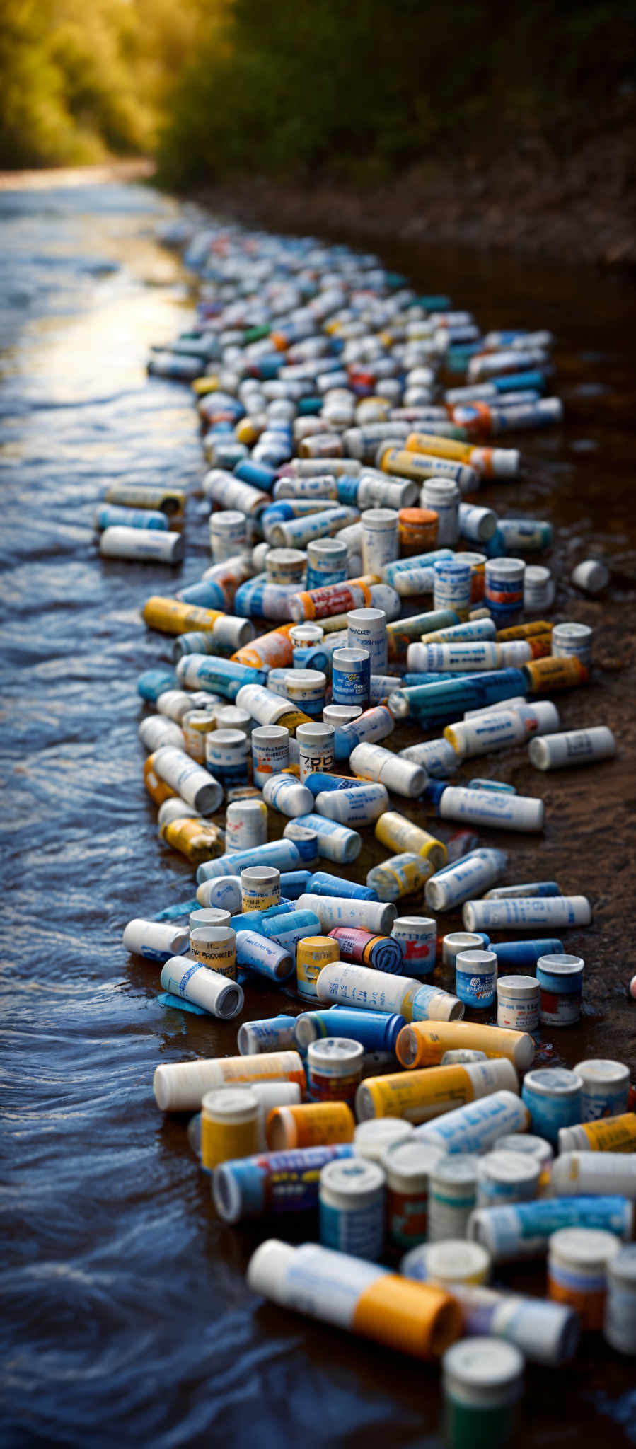 The image showcases a collection of cylindrical objects, possibly empty cans or containers, scattered along the edge of a water body. These objects come in a variety of colors, including blue, white, yellow, and orange. Some containers have labels or brand names printed on them. The water appears calm, reflecting the surrounding environment, and there's a hint of greenery in the background, suggesting the presence of trees or vegetation.