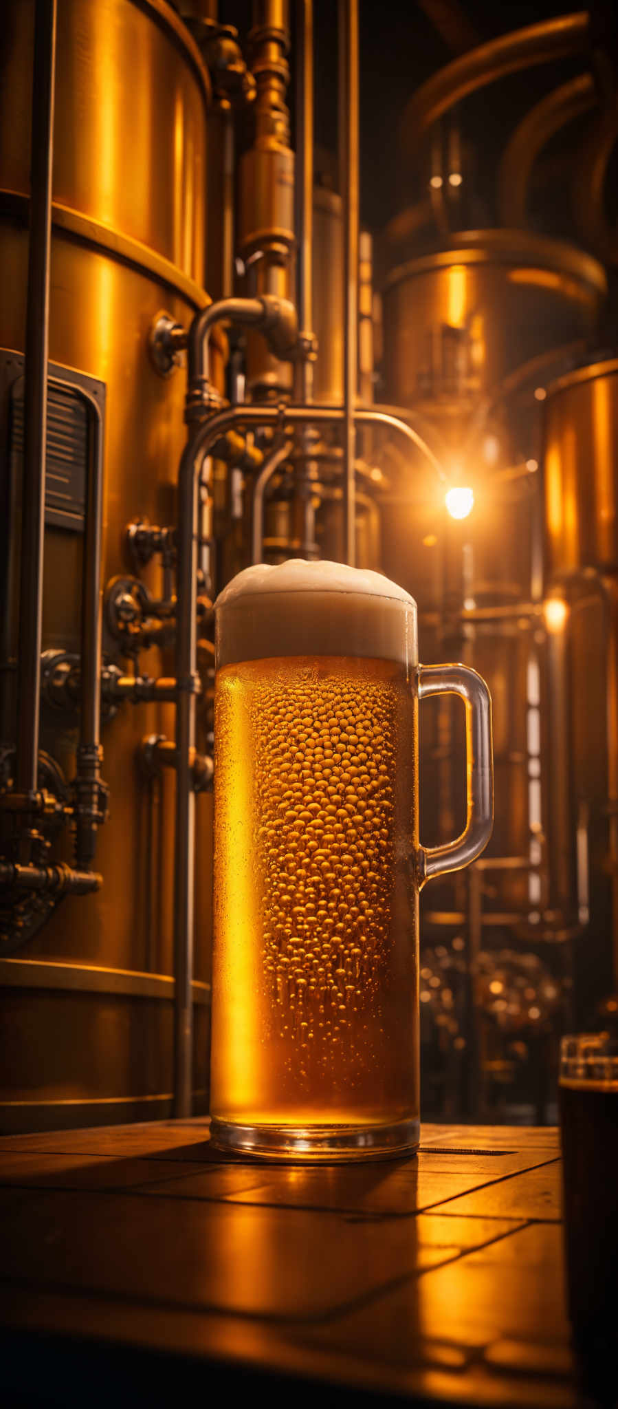 The image showcases a mug filled with beer, placed on a wooden surface. The beer is golden in color, with a frothy head on top. The mug is cylindrical with a handle. In the background, there are various metallic pipes and containers, possibly part of a brewery or distillery setup. The scene is illuminated by a warm, golden light, giving it an ambiance of a cozy, dimly lit establishment.