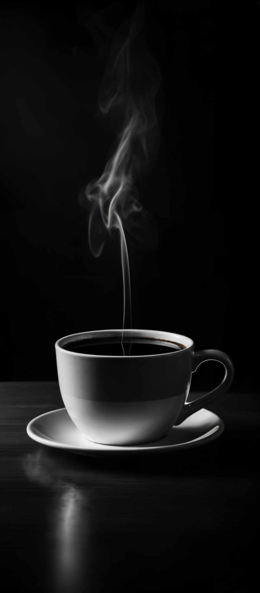 The image showcases a white cup placed on a saucer. The cup contains a dark liquid, possibly coffee or tea. A steam or vapor is rising from the cup, creating intricate swirls and patterns in the air. The background is dark, emphasizing the contrast between the steam and the cup. The overall mood of the image is serene and evokes a sense of warmth and comfort.