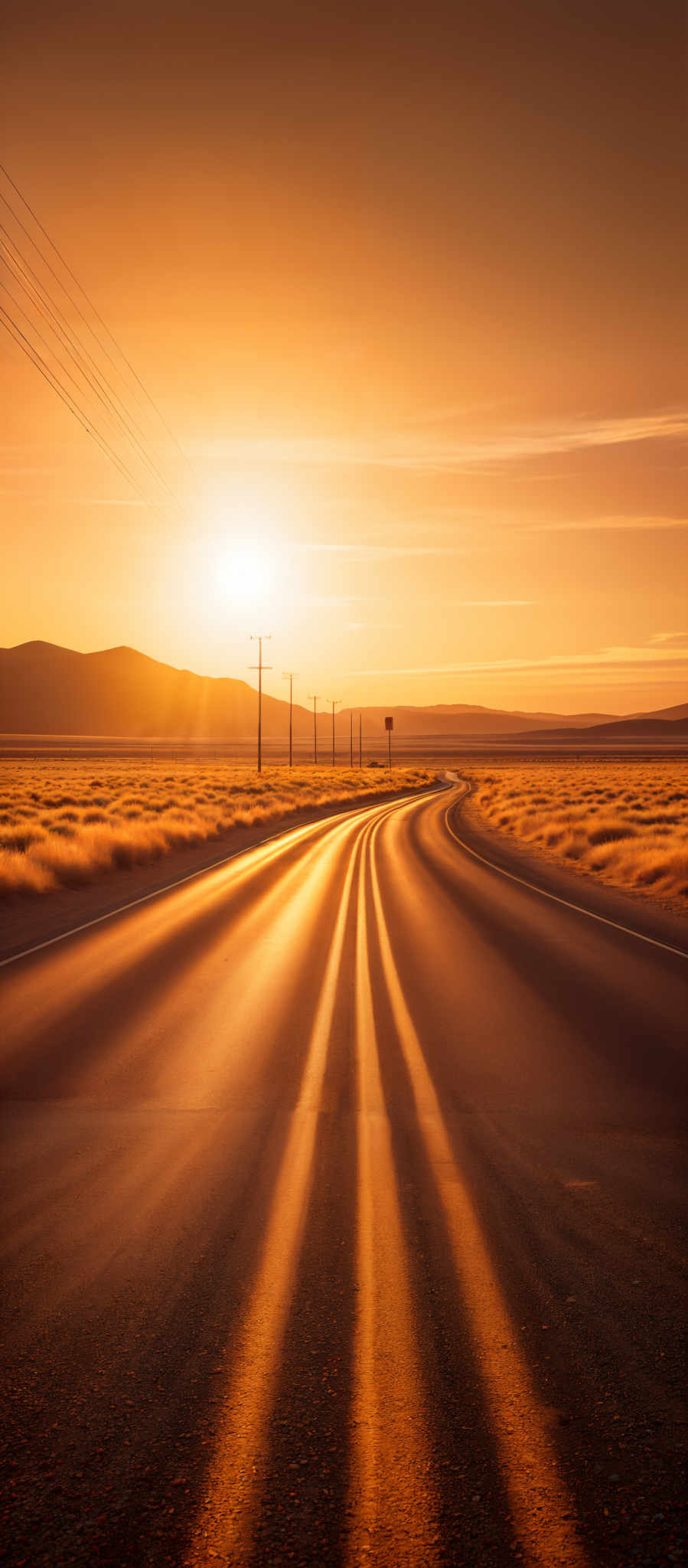 The image showcases a vast open landscape during sunset. The sky is painted in hues of orange, gold, and a touch of purple, with the sun nearing the horizon casting a warm glow. The ground is a mix of dark asphalt and patches of golden grass, with power lines running parallel to the road. The road itself is curving gently to the right, with its yellow center lines vividly visible, reflecting the sun's light. In the distance, there are silhouettes of mountains and hills, further enhancing the scenic beauty of the setting.