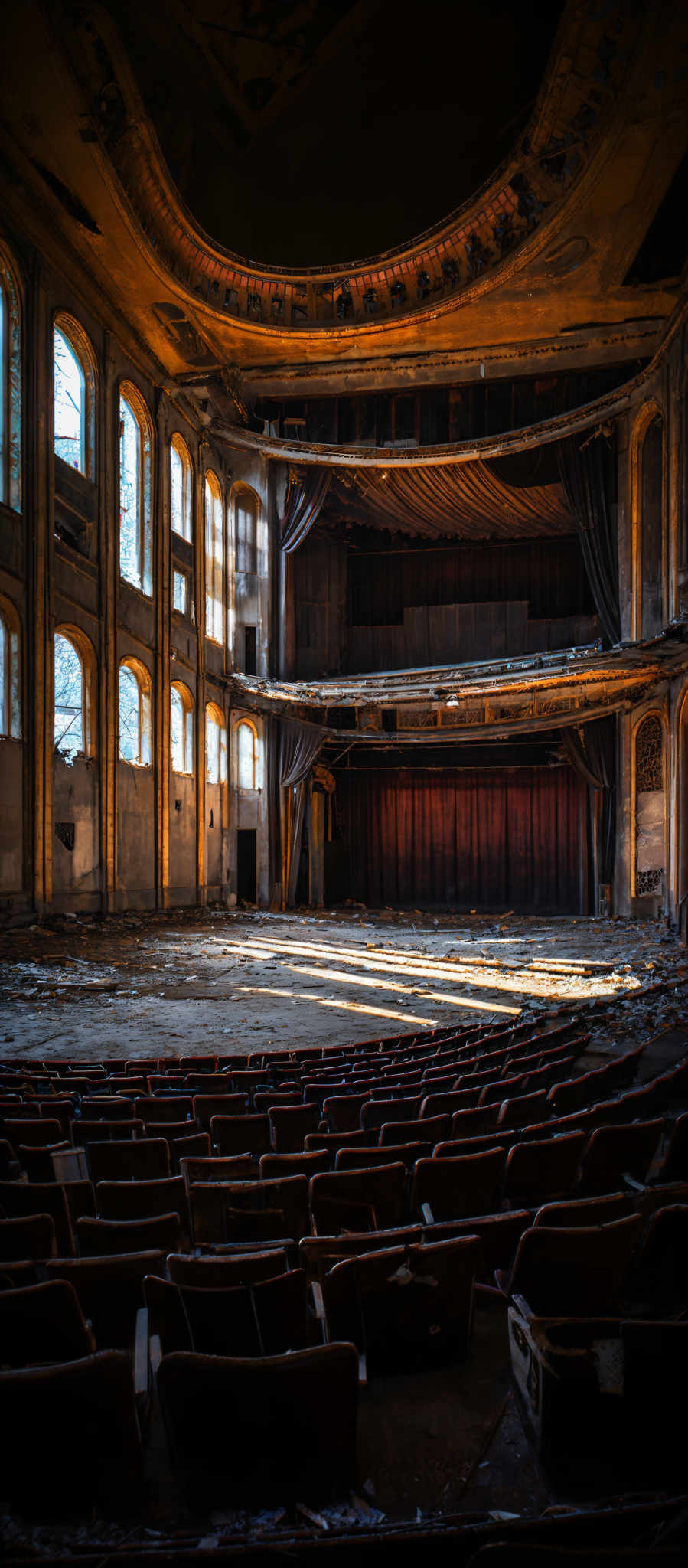 The image showcases an abandoned theater with a grandiose design. The dominant colors are shades of brown, gold, and beige, with the gold being particularly prominent on the ceiling and the intricate designs. The theater has a large, circular stage with a curtain that appears to be partially pulled down. The seating area is filled with old, worn-out chairs, some of which are tilted or broken. The architecture features tall columns with intricate carvings, large arched windows that let in natural light, and a decorative ceiling with intricacies. The overall ambiance evokes a sense of nostalgia and decay.