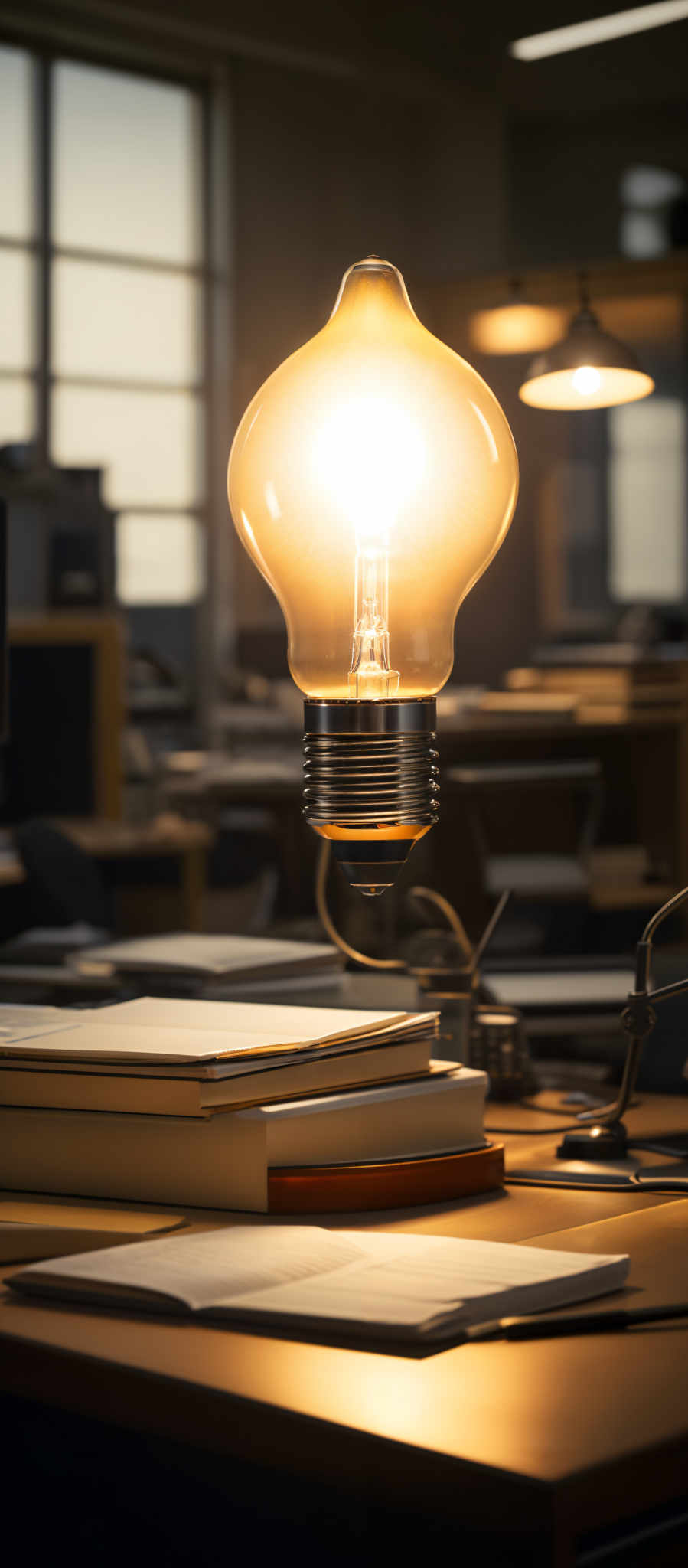 The image showcases a glowing light bulb with a unique, curved shape. The bulb emits a warm, golden light. Below the bulb, there's a desk with several items: a stack of books, a notepad, a pen, and a few other miscellaneous objects. The background reveals an office setting with a window, allowing natural light to illuminate the scene.