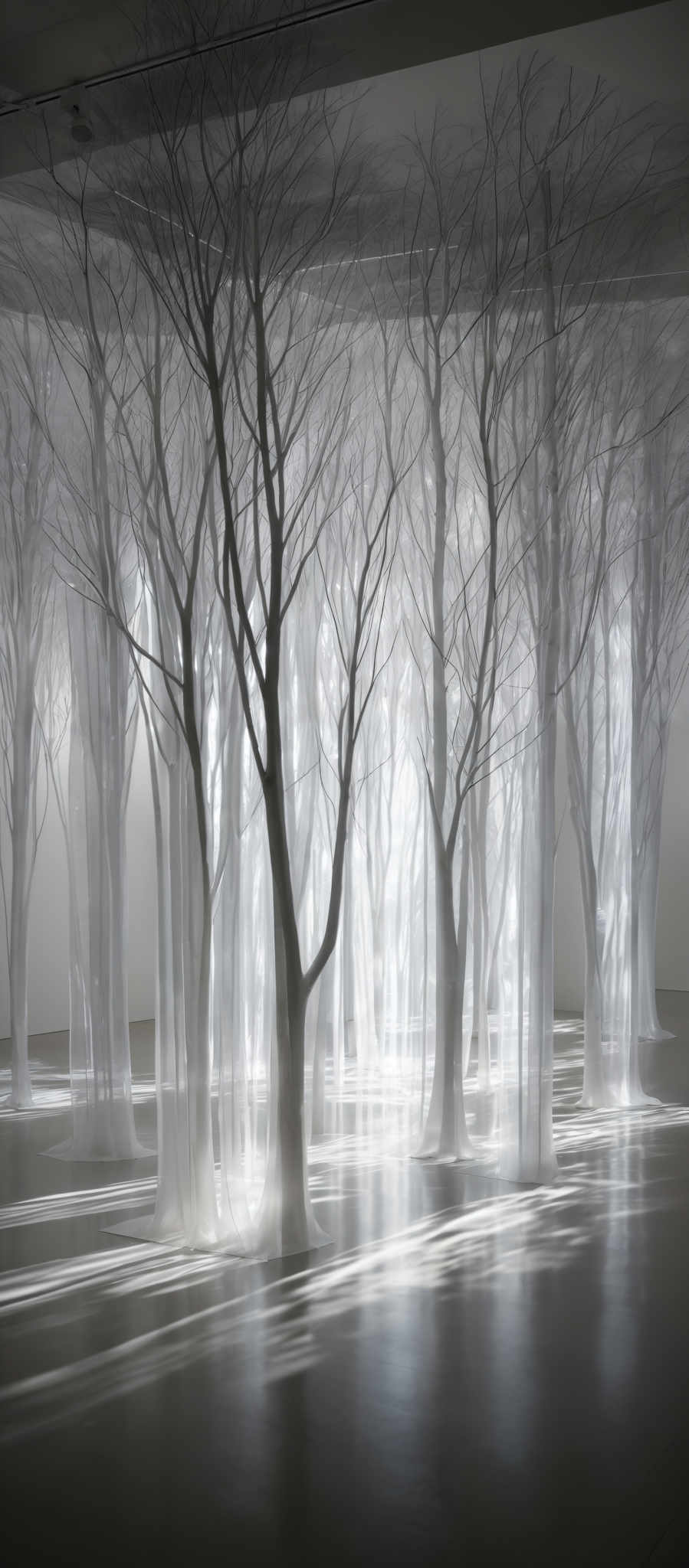 The image showcases a monochromatic scene with predominantly white and gray tones. The main focus is on a series of tall, slender, and bare trees that appear to be made of a translucent material. These trees are set against a backdrop of a white, reflective floor, which creates a mirrored effect, doubling the visual impact of the trees. The lighting in the room is soft, casting gentle shadows and illuminating the trees from behind, giving them a ghostly appearance.