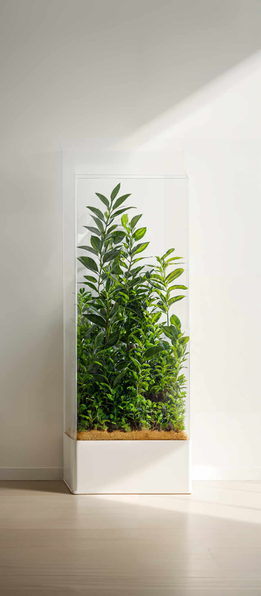 The image showcases a transparent rectangular container, possibly a terrarium, placed on a white base. Inside the container, there's a lush green plant with elongated leaves, growing from a soil bed at the bottom. The plant appears to be thriving, with multiple branches extending upwards. The background is a plain white wall, and there'a soft shadow cast on the wall, suggesting a light source from the left side.