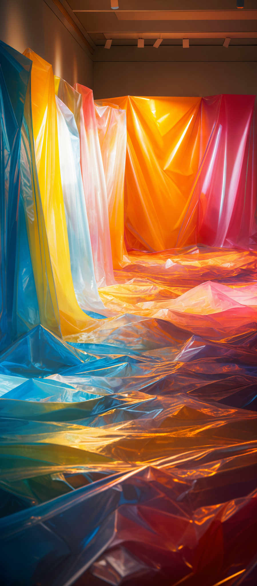 The image showcases a room with vibrant, colorful drapes. The draped material appears to be translucent, allowing light to pass through and create a play of colors on the floor. The colors range from blue, yellow, pink, to orange, creating a gradient effect. The material is shaped in various folds and waves, giving it a dynamic and flowing appearance. The room itself seems to be dimly lit, with the primary source of light coming from the draping itself, casting shadows and highlights that accentuate the colors.