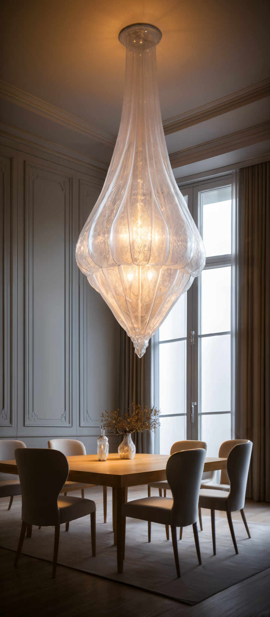 The image showcases a room with a large, intricate chandelier hanging from the ceiling. The chandleier is translucent with a unique, teardrop-shaped design, emitting a warm glow. The room has muted gray walls adorned with decorative panels. There's a rectangular wooden table surrounded by six elegant chairs. On the table, there are a few decorative items, including a vase with dried branches. The floor is wooden, and there's also a large window draped with beige curtains, allowing natural light to enter.