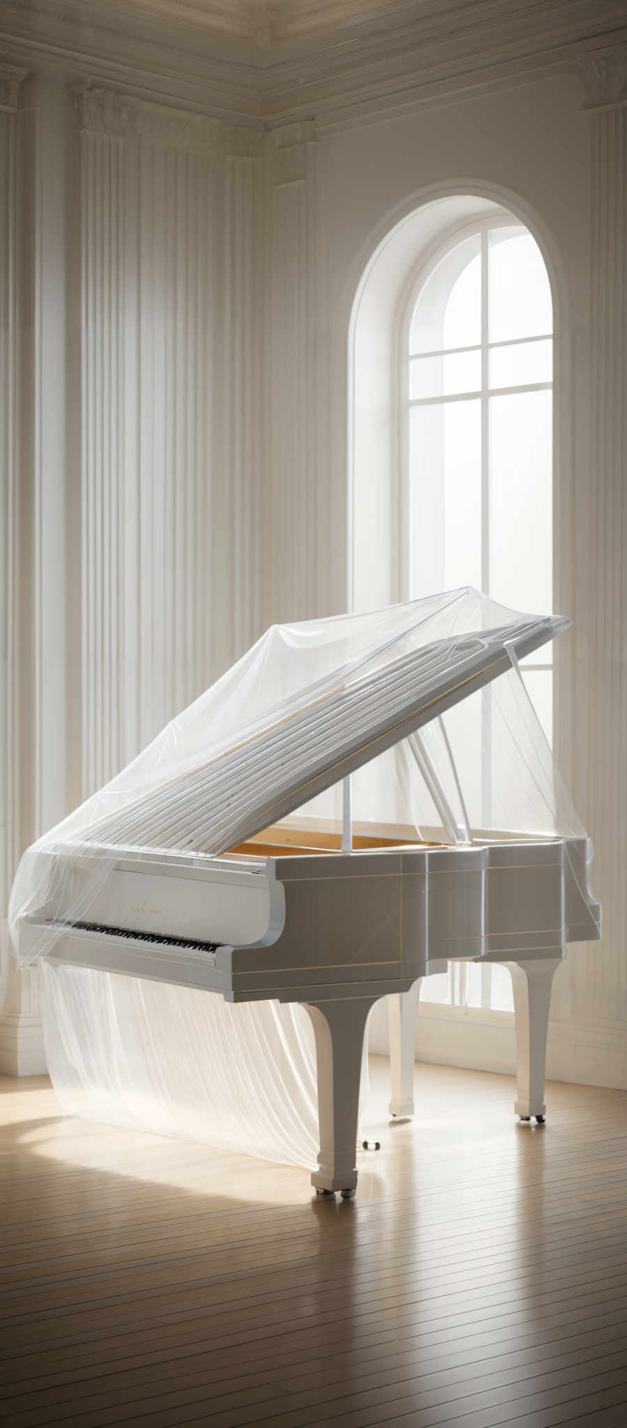 The image showcases a grand piano placed in a spacious room with tall columns and a large arched window. The piano is white, with a unique design where its top lid is draped in a translucent, sheer material, giving it an ethereal appearance. The room is bathed in soft, diffused light, creating a serene atmosphere. The floor is made of wooden planks, and the walls are adorned with intricate moldings.