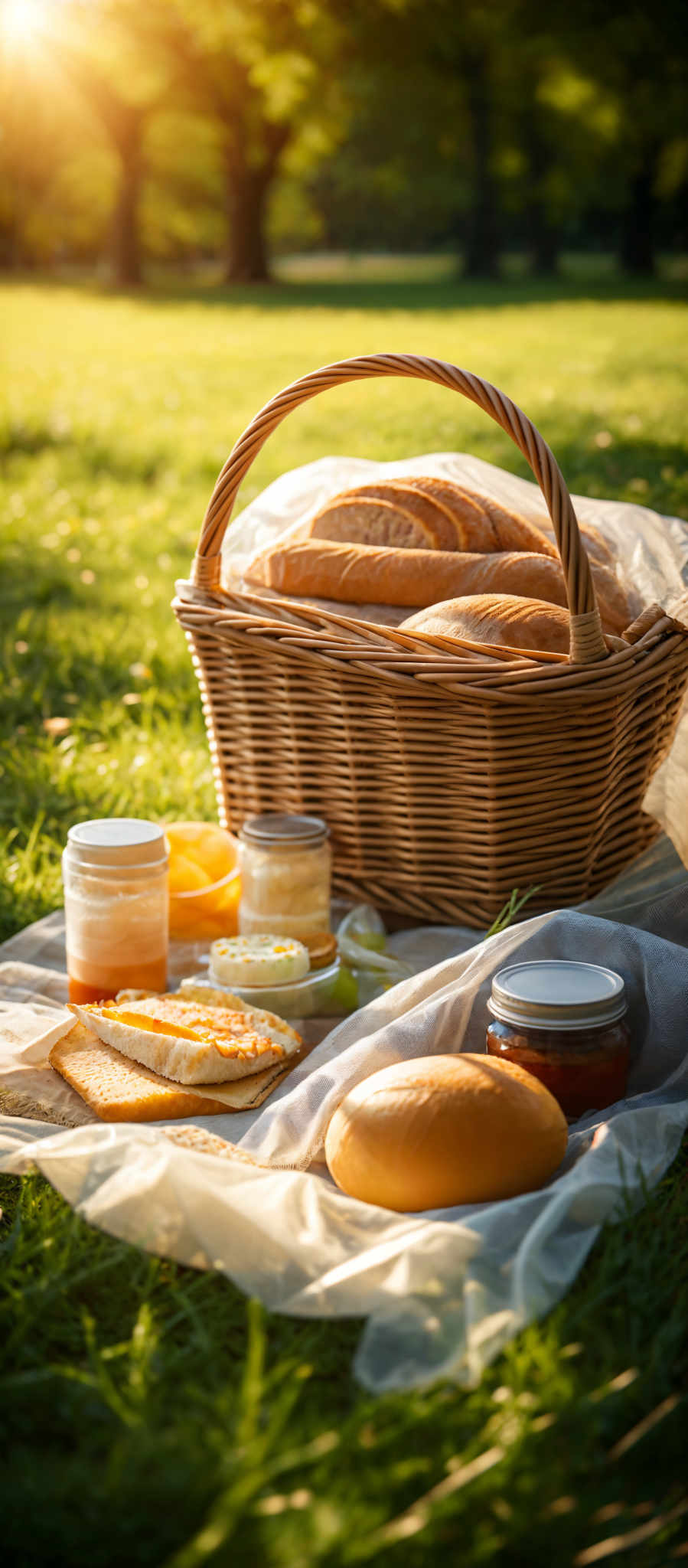 The image showcases a serene outdoor setting during what appears to be sunset or sunrise. The dominant colors are warm hues of orange and yellow from the sunlight, contrasted with the green of the grass and trees. The main focus is a wicker basket filled with freshly baked bread. Adjacent to the basket, on a white cloth, are various spreads and accompaniments like butter, cheese, and jams. There's also a slice of bread topped with a spread, and a couple of glass jars, one of which seems to contain a liquid, possibly juice. The entire setup gives the impression of a leisurely picnic in a park.