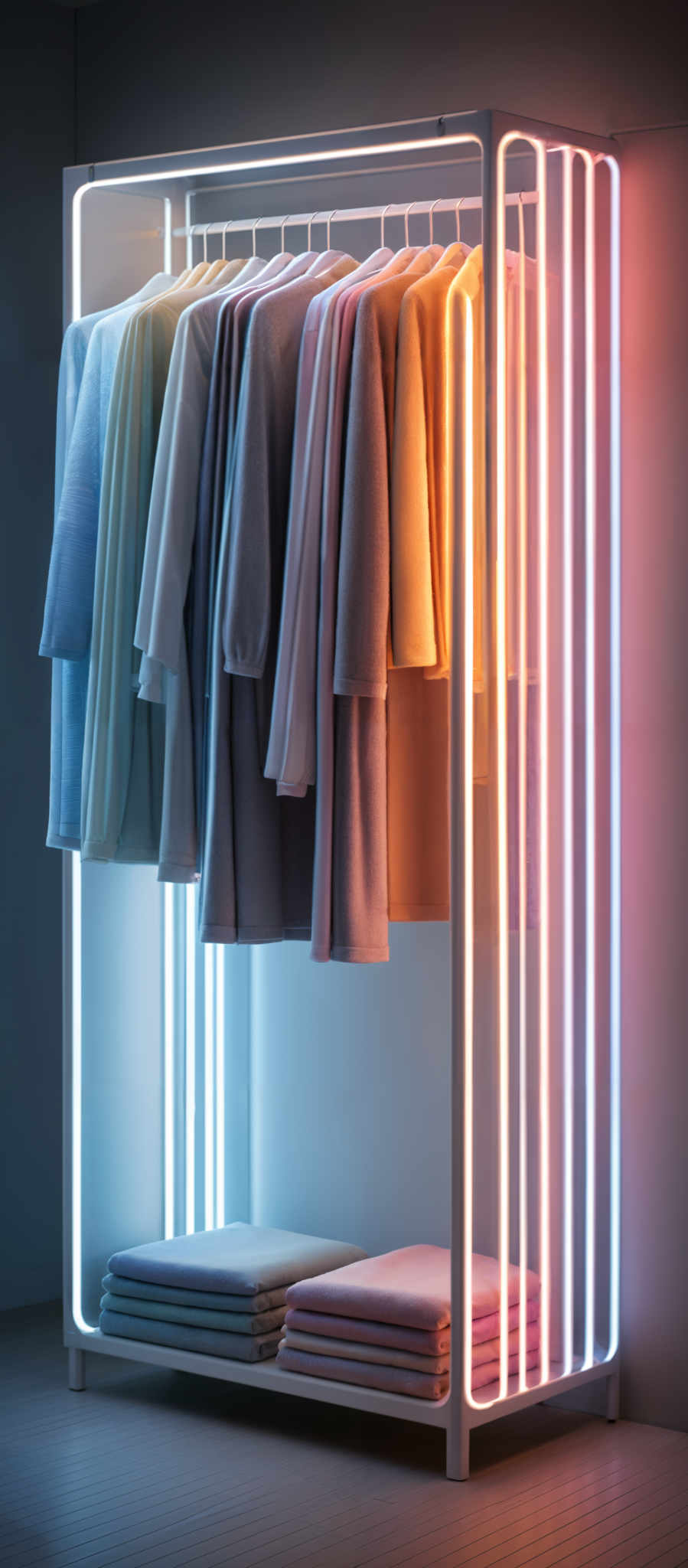 The image showcases a modern wardrobe with a unique design. The wardrobes are illuminated with neon lights in hues of blue, orange, and pink. The clothes inside the wardroom are neatly arranged, displaying a variety of colors including blues, grays, and pastel shades. The floor is made of wooden planks, and the overall ambiance of the image is serene and contemporary.