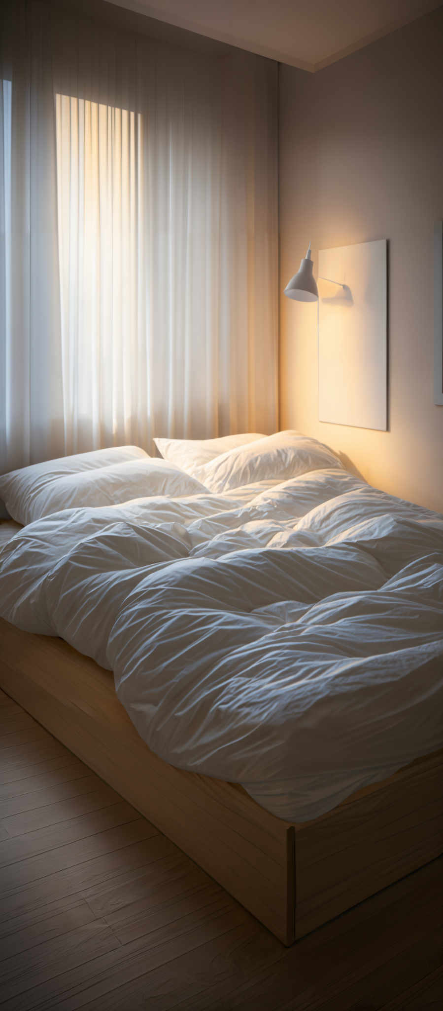 The image showcases a serene bedroom setting. The dominant colors are soft whites and muted browns. The bed is rectangular in shape, with crumpled white sheets and pillows. A wooden frame supports the bed, and the floor is made of wooden planks. On the right side of the bed is a wall-mounted light fixture with a white shade, casting a warm glow. Above the bed hangs a framed artwork or photograph, though the specific content is not clearly visible. The room is also adorned with sheer white curtains that allow a soft, diffused light to enter from a window or door not visible in the image, creating a peaceful ambiance.