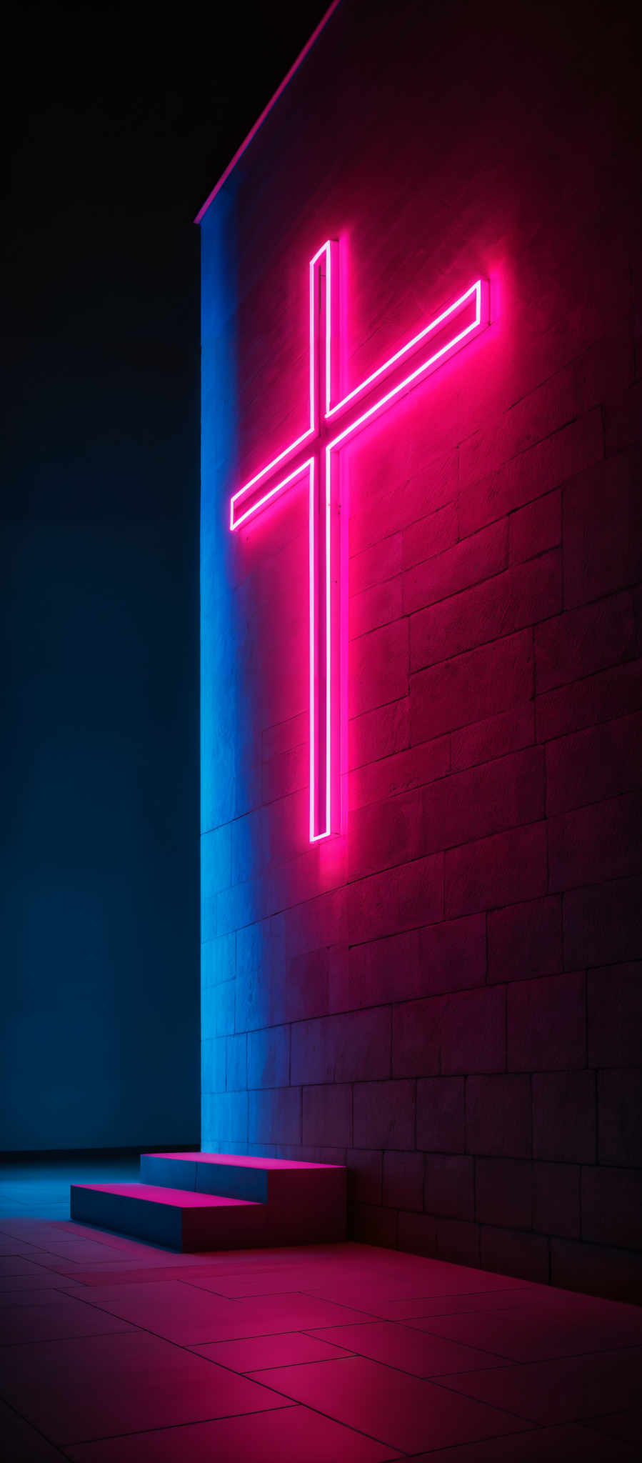 The image showcases a neon cross illuminated in a vibrant pink hue. It is mounted on a brick wall, with the brickwork exhibiting a textured appearance. The cross is symmetrical and appears to be made of two horizontal neon bars that intersect at the center. The floor beneath the cross is tiled, and the overall ambiance of the image is dim, with a contrasting bright glow emanating from the cross.