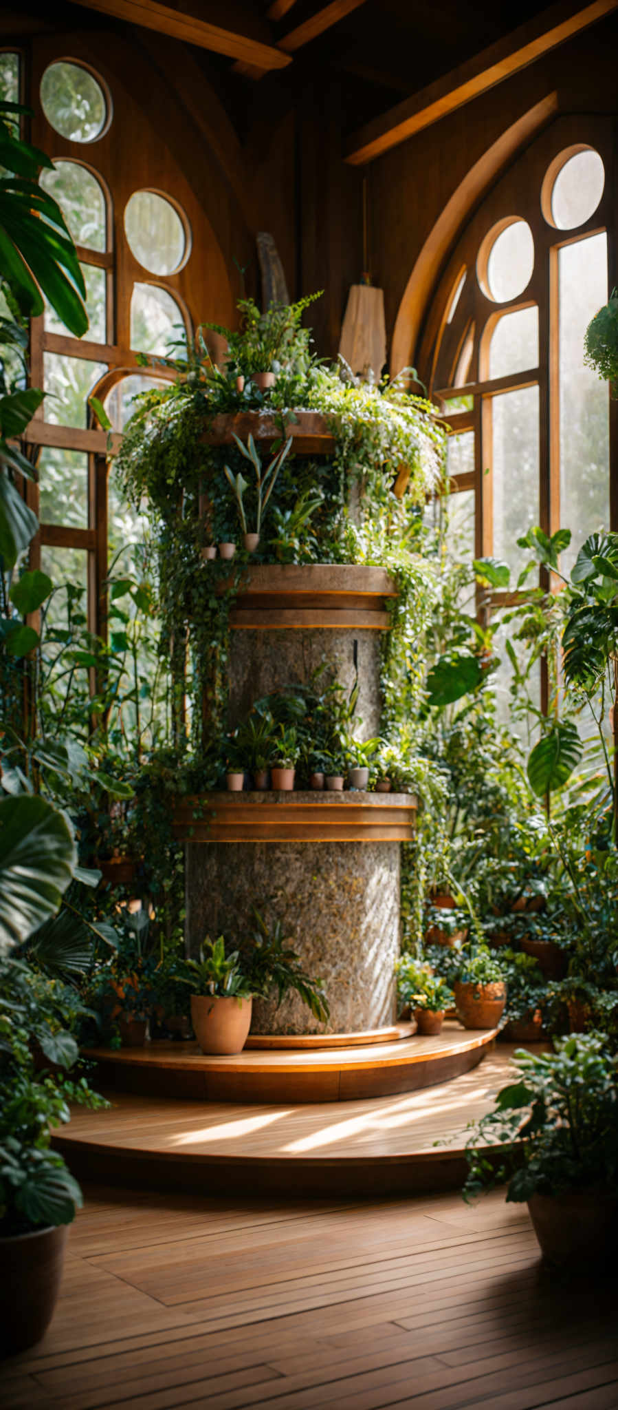 The image showcases an indoor setting with a rich, warm ambiance. Dominating the scene is a multi-tiered plant stand, which is adorned with various plants, some of which are in terracotta pots. The plants vary in size and shape, with some having broad, glossy leaves and others displaying more intricate foliage patterns. The stand itself is made of a textured material, possibly stone or concrete, and is supported by a wooden base. The room has large arched windows that allow sunlight to filter in, casting a soft glow on the wooden floor and the plants. The walls are wooden, and there's a sense of luxury and coziness to the entire setting.