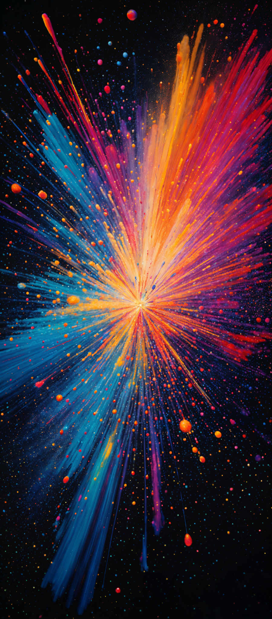 The image showcases a vibrant explosion of colors, predominantly in shades of blue, orange, and pink. The central point of the explosion emits a bright yellow-orange glow, radiating outwards in a radial pattern. Surrounding this central point are streaks of blue and pinks, creating an effect similar to a burst of paint or a cosmic event. The background is dark, with numerous small, colorful dots scattered throughout, giving the impression of a starry night or a galaxy.