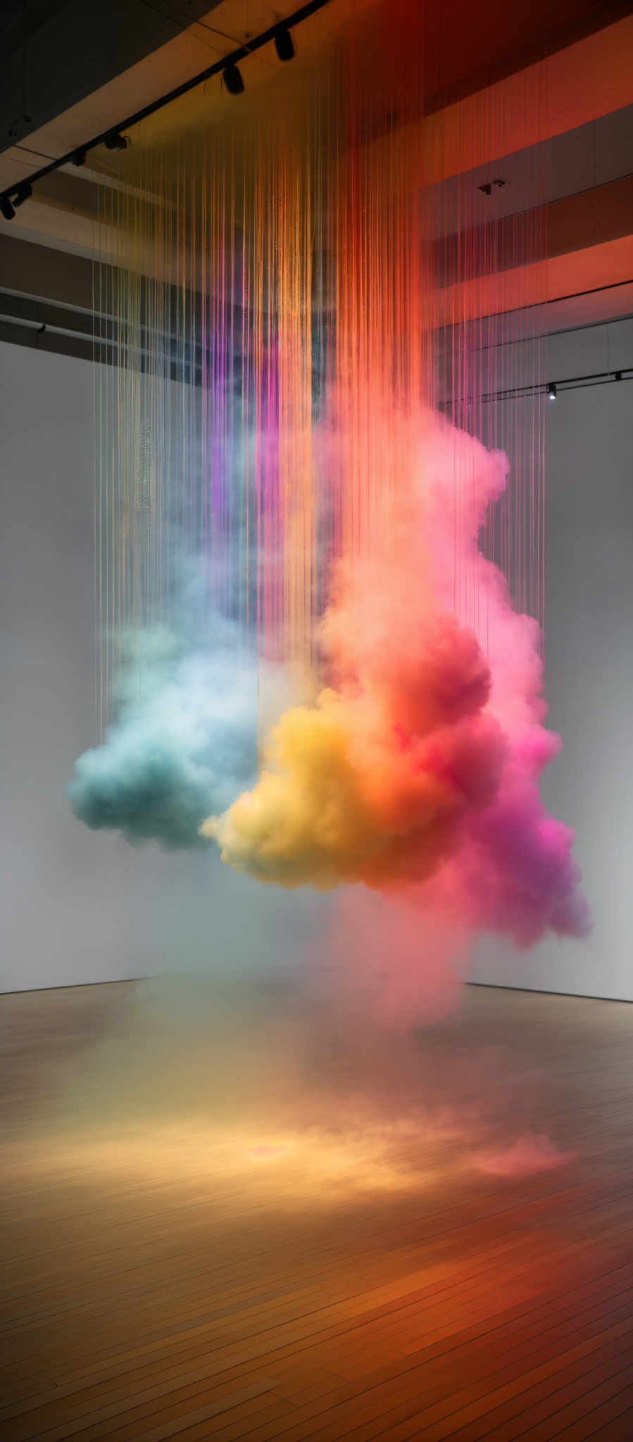 The image showcases an art installation that consists of colorful, cloud-like formations suspended in the air. These formations are made up of strands of thread or wires that are dyed in vibrant hues of blue, pink, yellow, and orange. They appear to be emanating a soft glow, creating a dreamy and ethereal atmosphere. The colors transition smoothly from one to another, creating an illusion of a gradient or a rainbow. The formations float in the center of the room, surrounded by a wooden floor and a white wall. The ceiling is made of concrete, and there are some spotlights positioned to illuminate the installation.