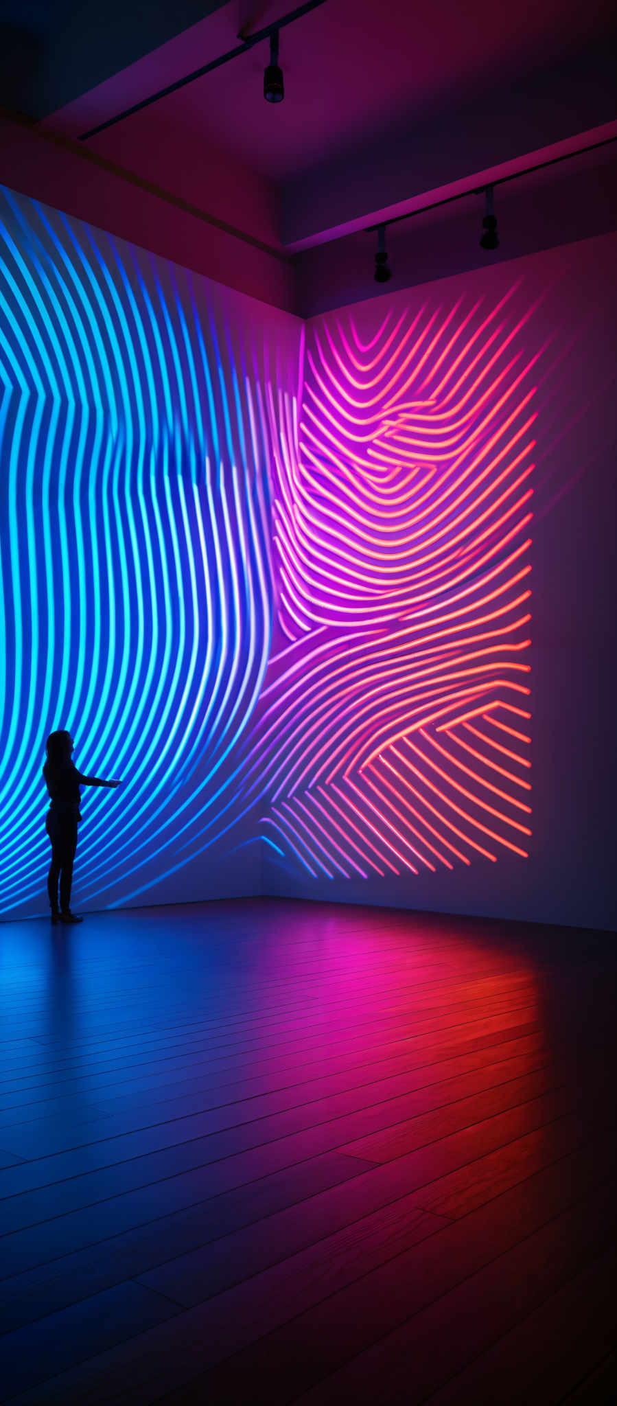 The image showcases vibrant and contrasting colors. The dominant colors are blue, pink, and orange. The shapes are abstract, consisting of wavy, swirling lines that create a sense of movement and depth. The patterns on the walls appear to be projected or reflected, creating an immersive visual experience for the viewer.