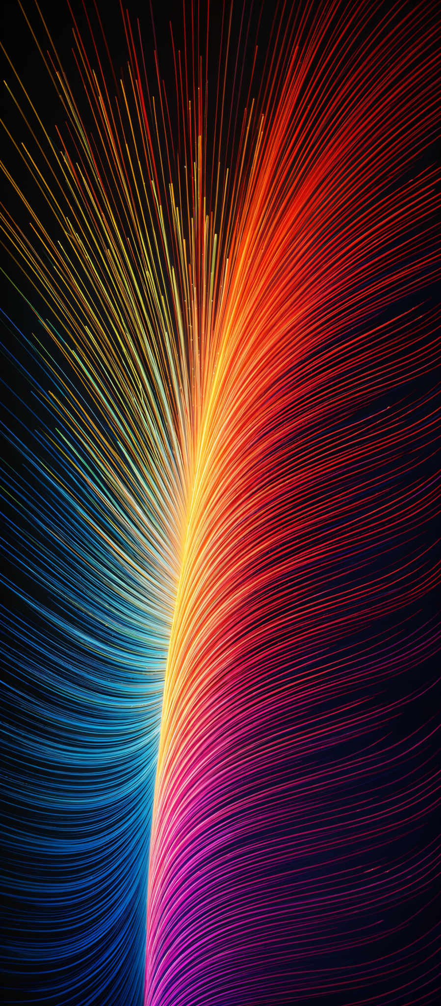 The image showcases a vibrant and dynamic visual of colorful streaks radiating outwards. The colors transition smoothly from a deep blue at the top to a fiery orange and red at the bottom. The shape resembles a curved trajectory or path, almost like a streak of light or energy emanating from a central point. The overall effect is reminiscent of a burst of energy or a radiant explosion.