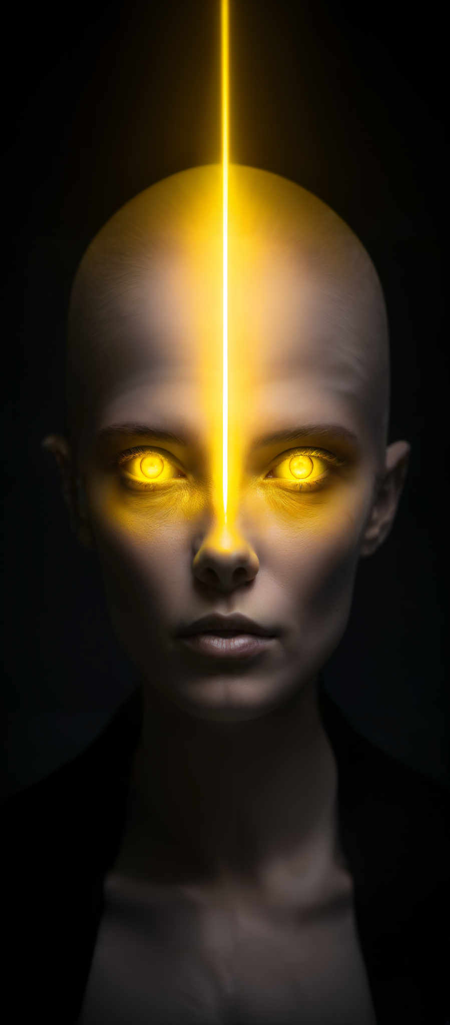 The image showcases a close-up of a person's face. The dominant color is a deep, dark shade, possibly black or very dark gray. A striking feature is a vertical, bright yellow light beam that runs down the center of the person' eyes, illuminating the surrounding area. The eyes themselves are a vivid yellow, almost glowing, and they have an intense, piercing gaze. The skin appears smooth and pale, and the overall mood of the image is mysterious and intense.