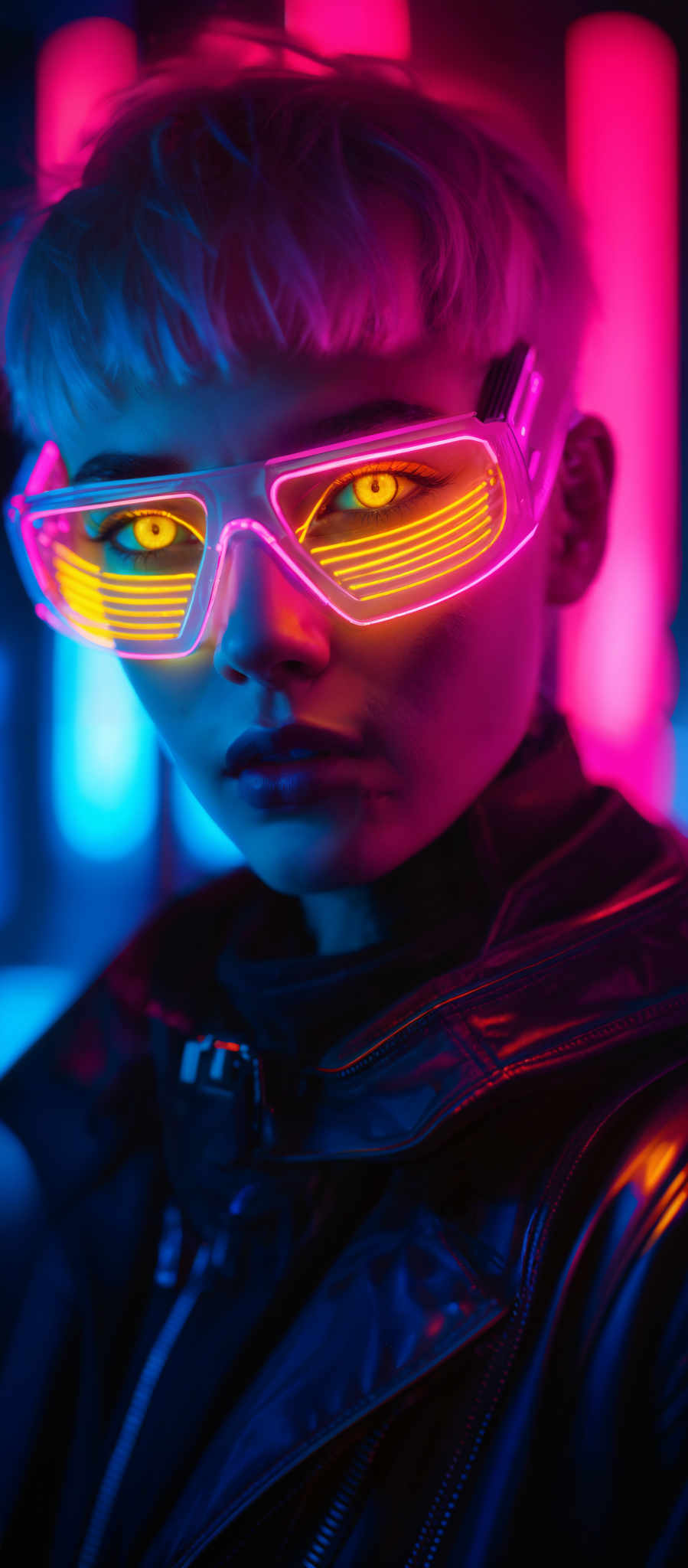 The image showcases a person with a unique appearance. The dominant colors are shades of pink, blue, and neon yellow. The person has a short, pixie-style haircut with a bluish tint. They are wearing a pair of futuristic-looking glasses with neon lines that illuminate in yellow. These glasses have a rectangular shape with a prominent bridge. The individual is also wearing what appears to be a leather jacket with a zipper, and the jacket has a shiny, reflective quality. The background is filled with vibrant neon lights, creating a cyberpunk or futurist ambiance.