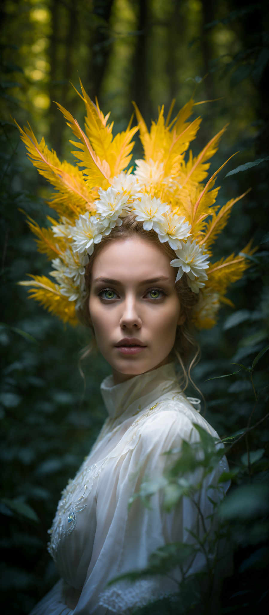 The image showcases a woman with striking green eyes. She is wearing a white dress adorned with intricate lace details. The most captivating element is her headpiece, which consists of vibrant yellow feathers and white flowers. The backdrop is a dense forest with sunlight filtering through the trees, creating a serene and ethereal atmosphere.