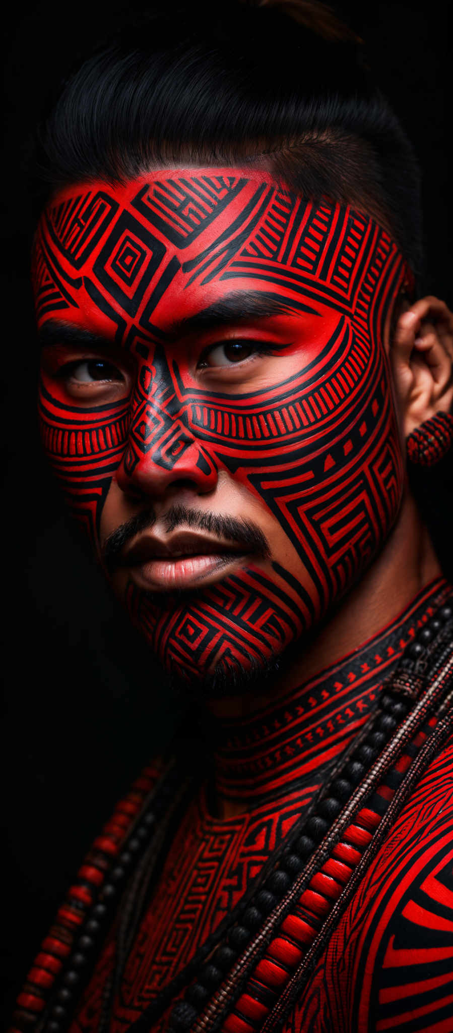 The image showcases a close-up of a person's face and upper body adorned with intricate red and black patterns. The patterns are geometric in nature, featuring shapes like triangles, squares, and lines. The face is predominantly covered with these designs, with some areas revealing the person'S natural skin tone. The person also has dark hair, and they are wearing a necklace made of dark beads.