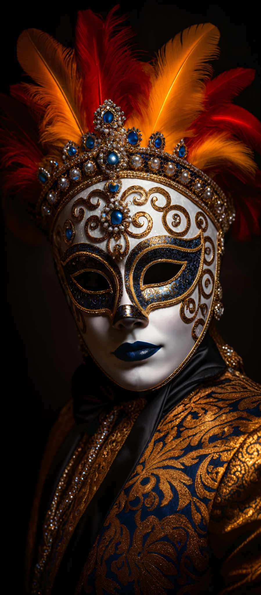 The image showcases a decorative mask with intricate gold detailing. The mask is adorned with blue gemstones and pearls, and it features a symmetrical design with a central motif resembling a pinecone. The eyes of the mask are painted in a deep blue shade, and the mask is complemented by a headdress made of vibrant red and orange feathers. The background is dark, which accentuates the mask's and feathers' colors, making them pop.