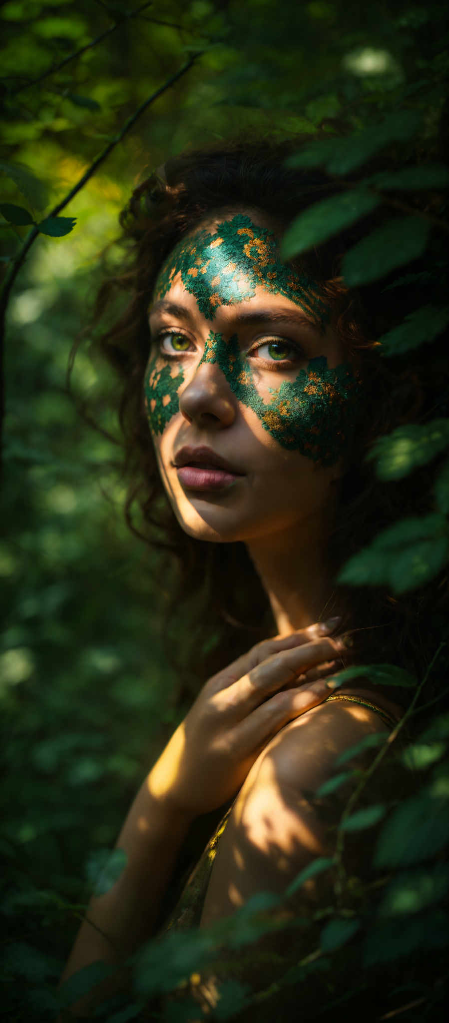 The image showcases a woman with a unique and vibrant face paint. The face paint consists of green and gold hues, resembling a leafy pattern. The woman has a deep gaze, with her eyes being the most prominent feature. The background is filled with green foliage, creating a serene and natural ambiance.