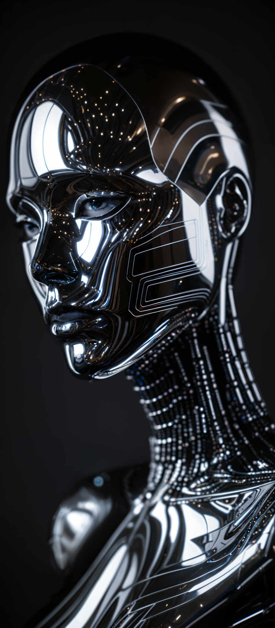 The image showcases a highly detailed and intricate representation of a humanoid head or bust. It is made of a shiny, reflective material, possibly chrome or polished metal, with a dark background. The head is adorned with intricate patterns and designs, including circuitry-like etchings on the face and neck area. The eyes are deep-set and appear to be made of glass or a similar transparent material. The overall color palette is dominated by dark shades, with the reflective surface of the head and neck emitting a shimmering silver light.