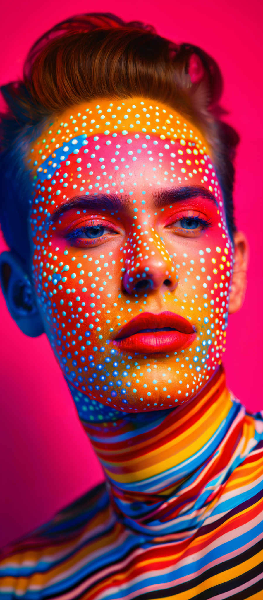 The image showcases a close-up of a person's face. The face is adorned with vibrant colors and patterns. The person' has blue eyes, and their face is painted with white dots against a backdrop of bright colors like orange, pink, and blue. The eyes are accentuated with a shade of pinkish-red eyeshadow. The individual is wearing a striped garment with colors like yellow, blue, and red. The overall aesthetic is bold and artistic, emphasizing contrast and vibrancy.