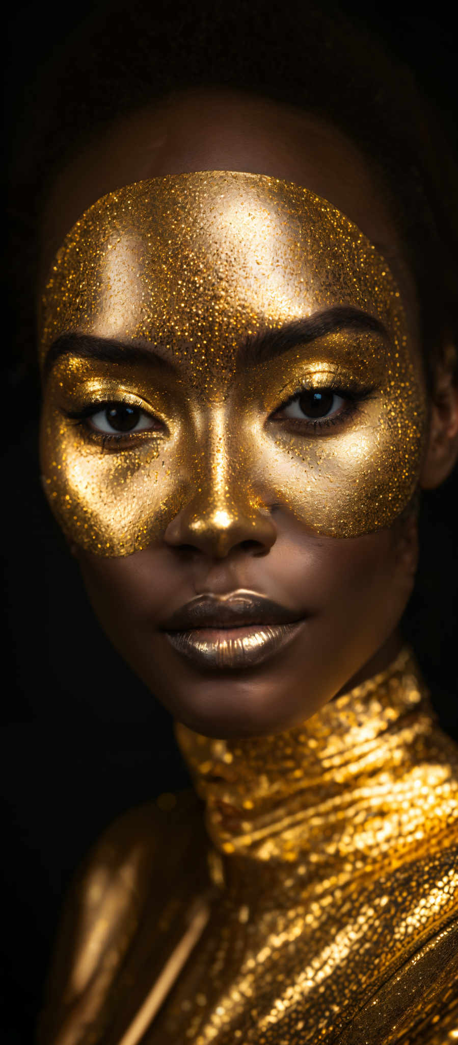 The image showcases a close-up of a person's face adorned with a golden, sparkly substance. The face is predominantly dark, with the golden substance highlighting the eyes, nose, and lips. The eyes are accentuated with a shimmering gold eyeshadow, and the lips have a metallic gold finish. The person' s skin appears smooth, and there's a hint of a golden neckpiece or garment draped around the neck.