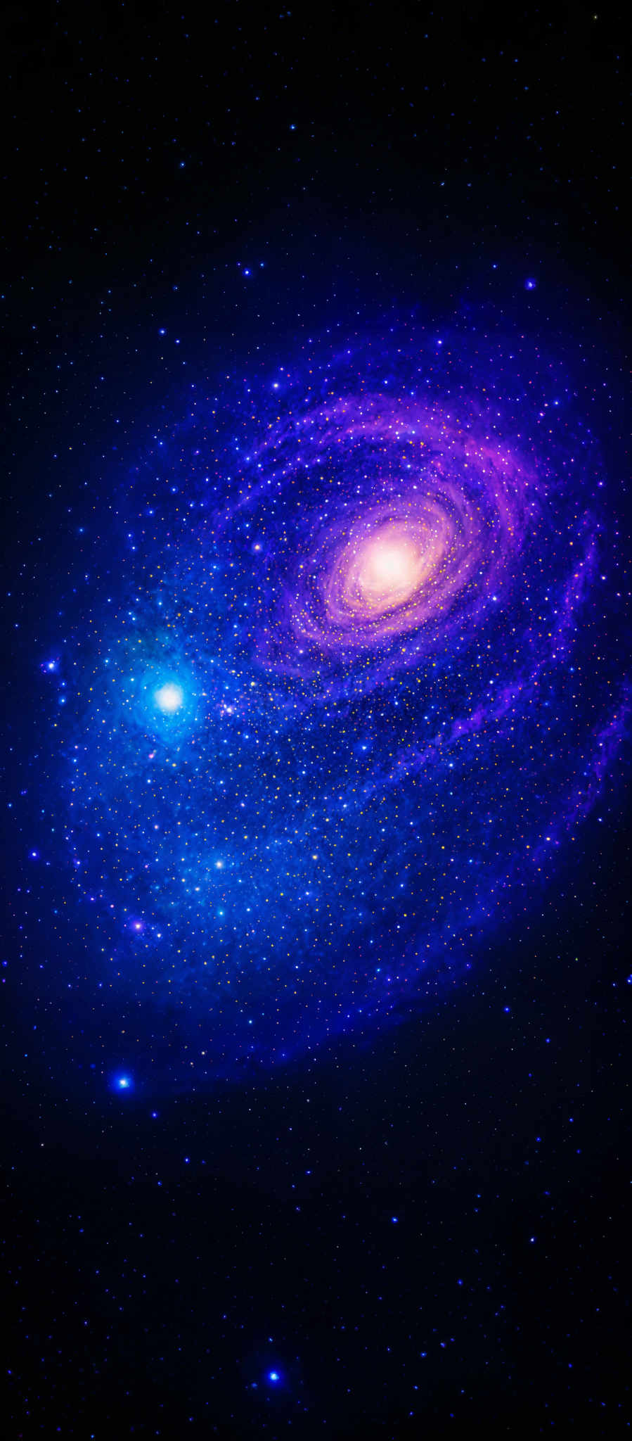 The image showcases a vibrant and mesmerizing cosmic scene. Dominating the center is a spiral galaxy with swirling arms of stars, dust, and gas. The galaxy emits a radiant glow, with its core appearing brightest. Surrounding the galaxy are numerous stars, some of which are brighter than others, scattered across the dark expanse of space. The backdrop is a deep blue, punctuated by the occasional bright star or distant galaxy. The overall impression is one of awe and wonder, capturing the vastness and beauty of the universe.